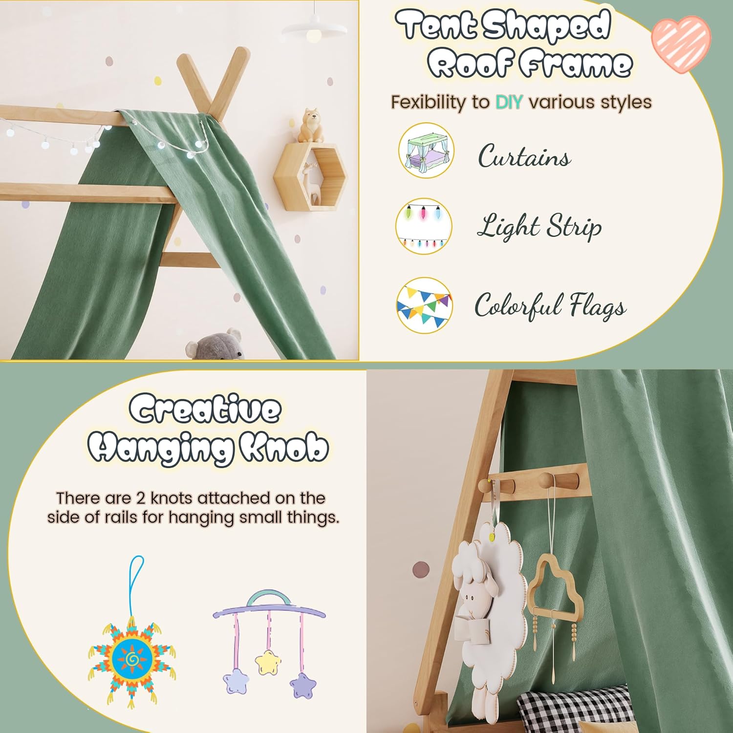 Montessori Bed Full Size with Light and Slats, Wood Teepee Floor Bed for Kids Boys Girls,House Bed Frame with Rails & Roof,No Box Spring Needed, Natural