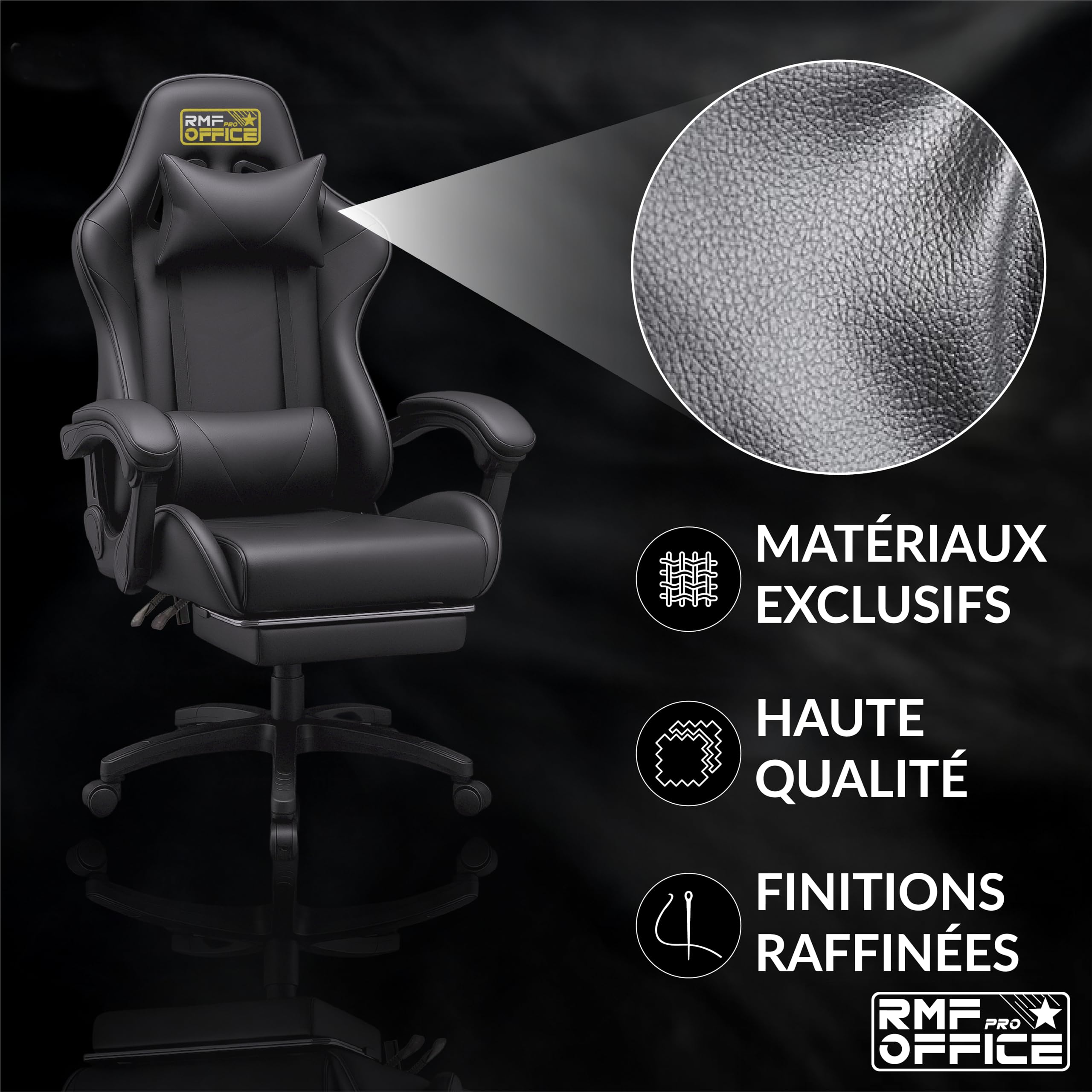 RMF Chaise Gaming Professionnelle Ergonomique Inclinable, Fauteuil Gaming Assise Confortable et Relaxante avec Repose-Pieds - Chaise pour Gamer avec Roues Pivotantes, Hauteur Réglable Noir
