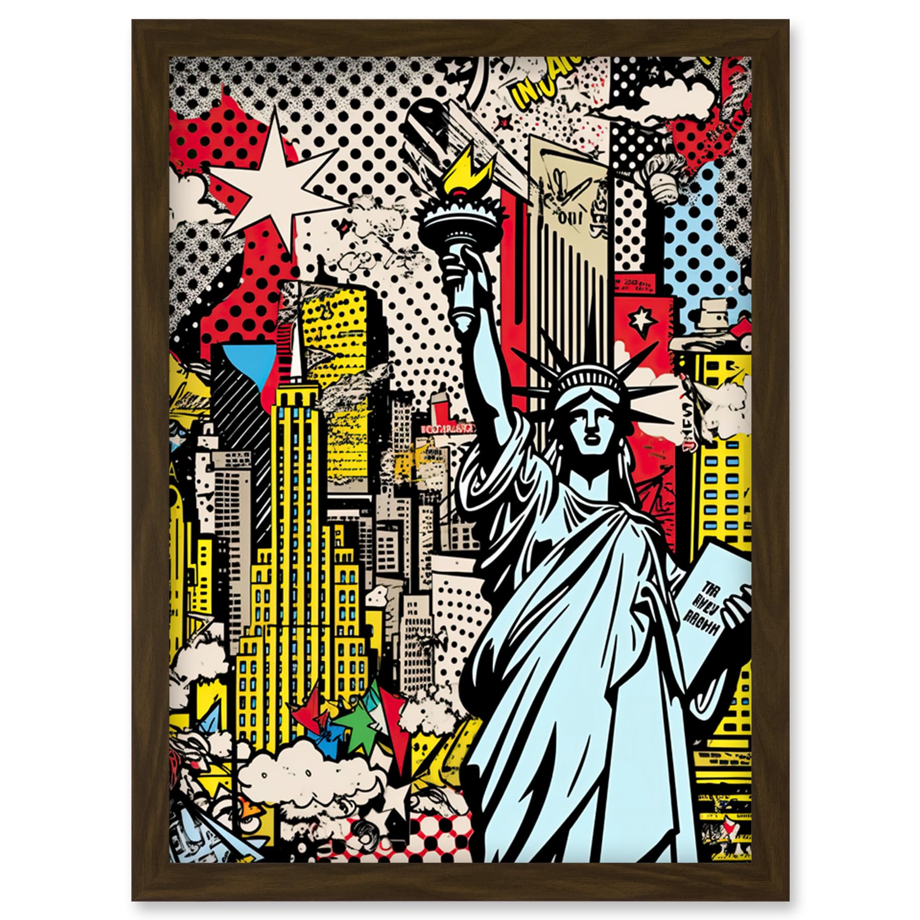 Artery8 New York City Skyline Statue of Liberty Pop Art Comic Book Style American Dream Artwork Framed Wall Art Print A4