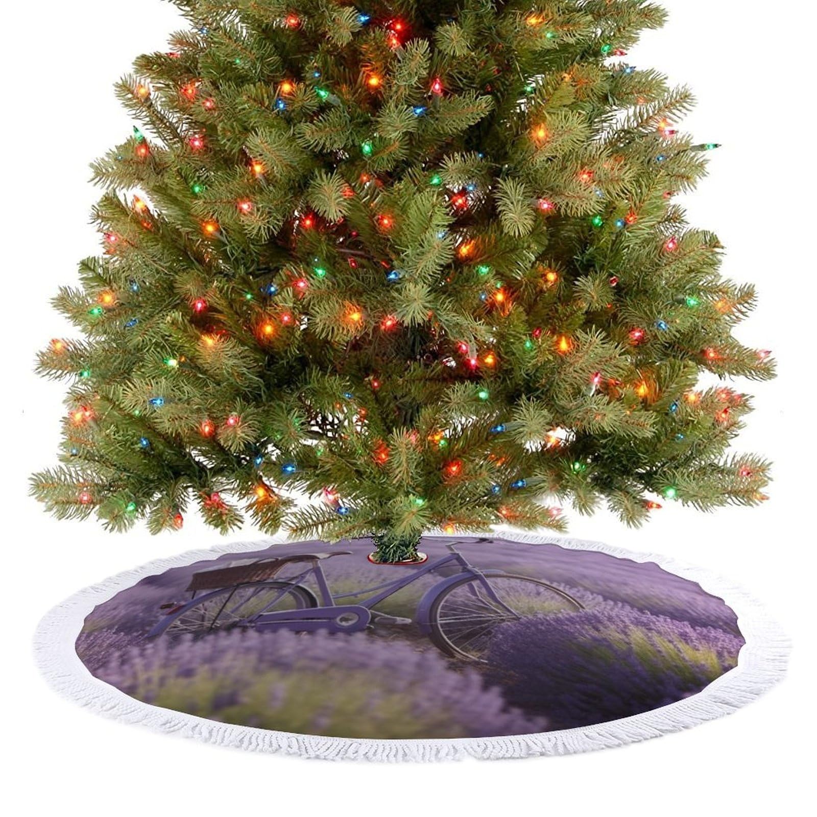 Lavender Field Bike Christmas Tree Skirt 30"x30" Rustic Xmas Tree Mat with Tassel Ornament Christmas Trees Cover Skirt Mat for Evergreen Trees Ornament Winter Holiday Mats Decorations