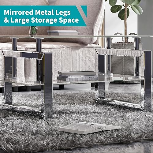 Miniatura 5 de BALUS Glass Coffee Table for Living Room, Clear Center Rectangular Table with Tempered Glass and Stainless Steel, Silver Mirror Finish Legs