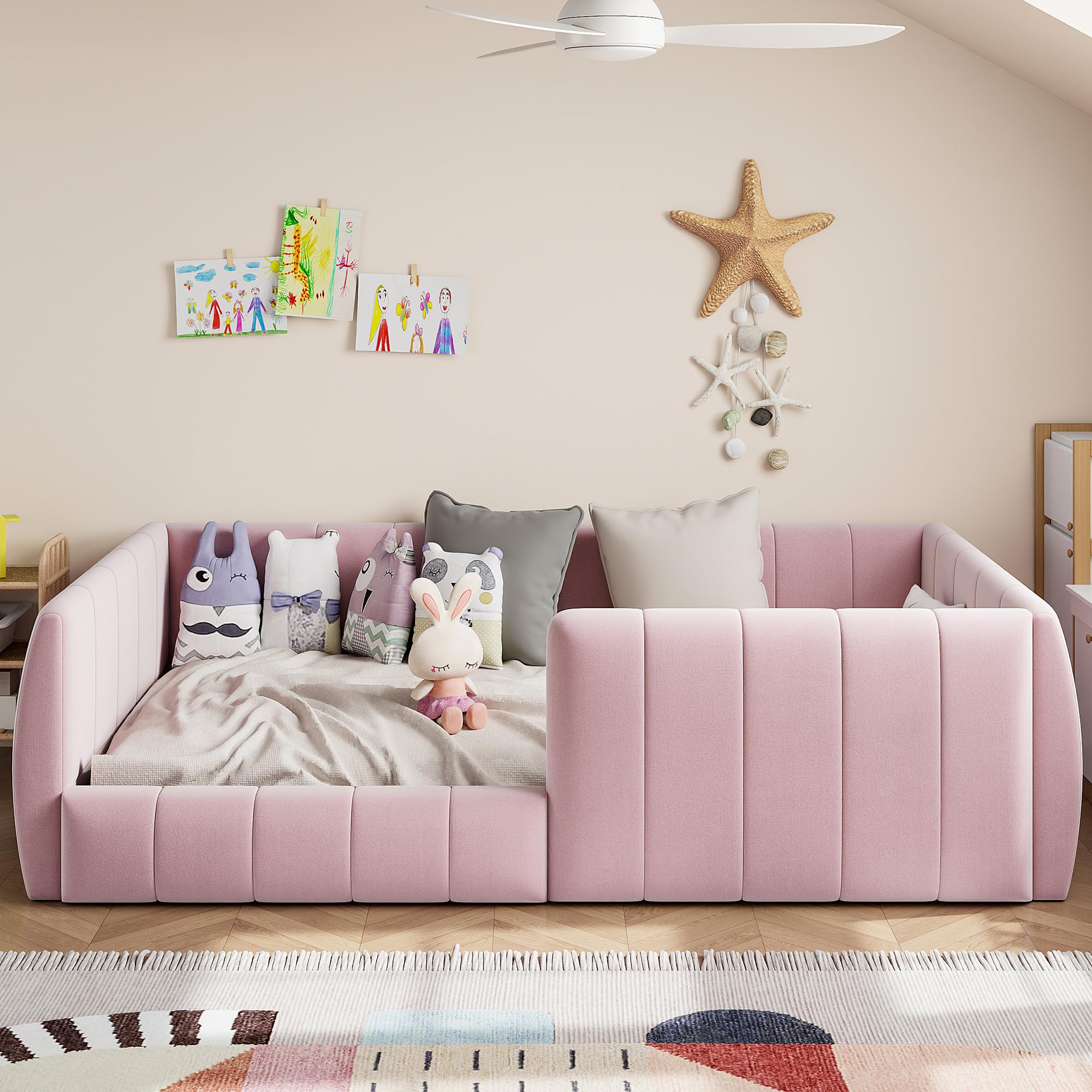 Kinderbett Bodenbett 90x200, Montessori Bett Polsterbett mit Rausfallschutz und Lattenrost, Einzelbett Gitterbett Jugendbett Spielbett Flachbett Bettgestell fürJunge und Mädchen, Ohne Matratze, Rosa