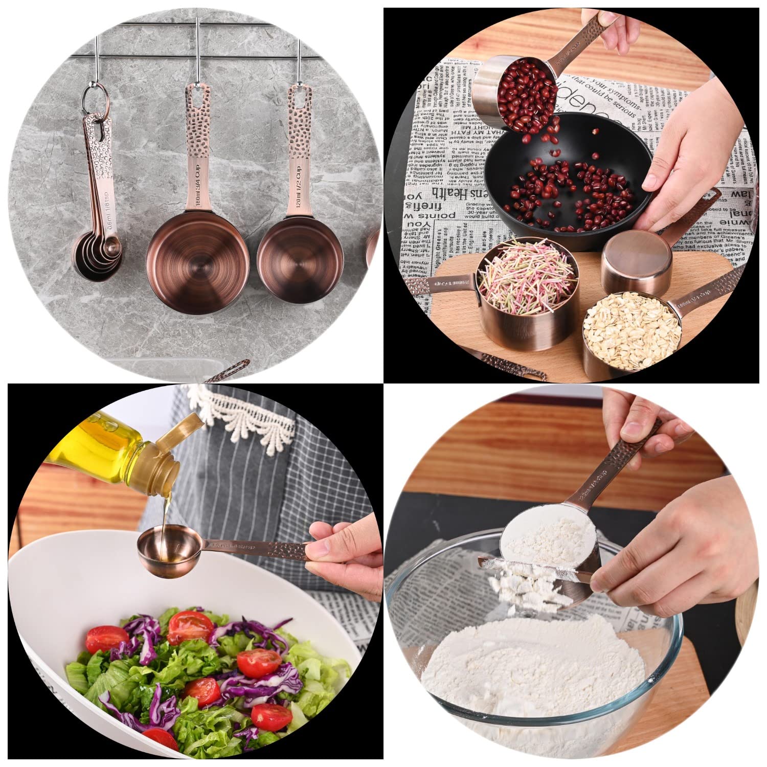 Miarki i łyżki, zestaw miedzianych miarek i łyżek, stal nierdzewna, miedziana, platerowana miedzią, 14-częściowy zestaw 5 miedzianych miarek i 6 miedzianych łyżek pomiarowych, 1 poziomer i 2 pierścienie, narzędzie kuchenne