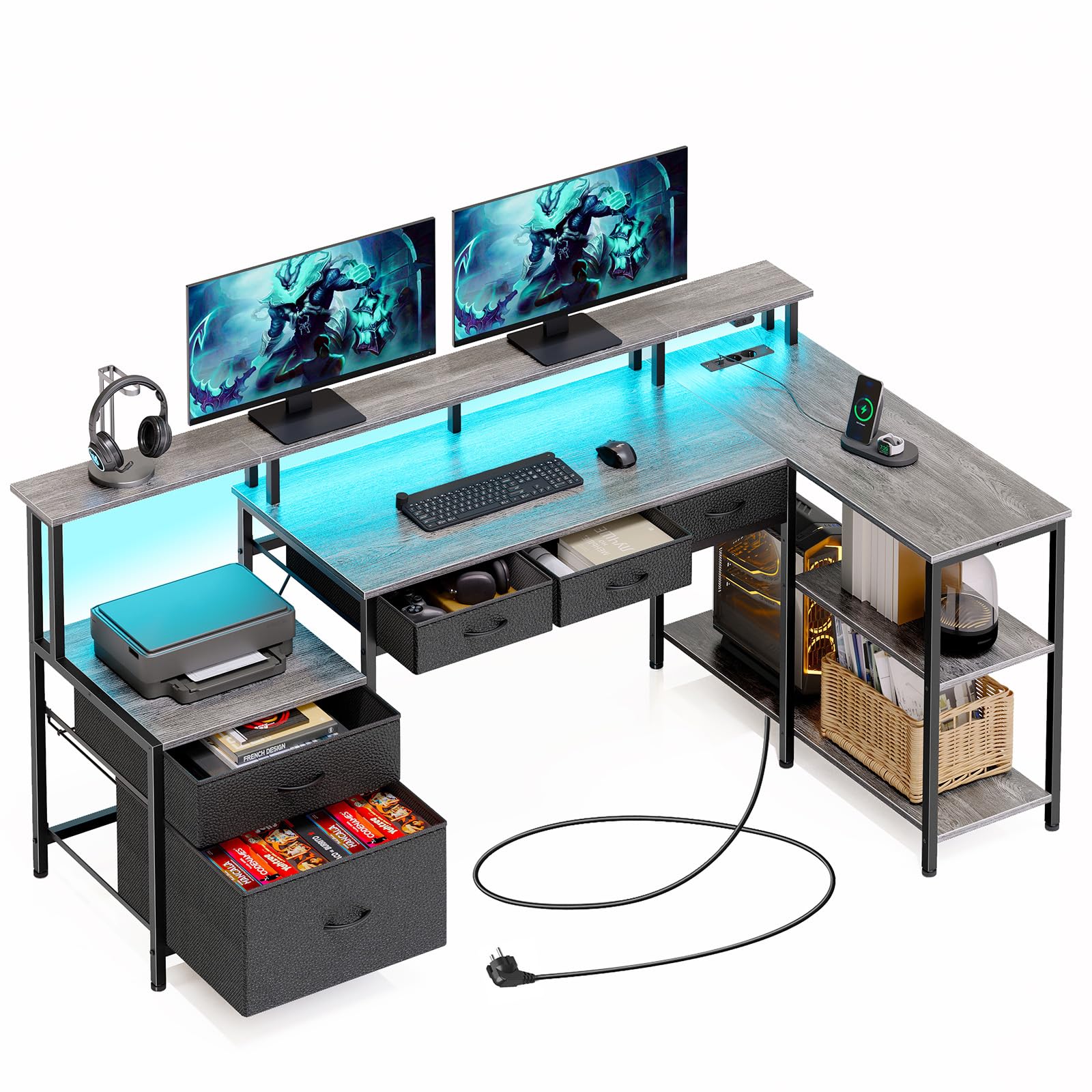 Rolanstar Schreibtisch L Form mit Schubladen, reversibler Gaming Tisch mit Steckdose, LED & Monitorständer 163 cm Computertisch für Büro Arbeitszimmer Schlafzimmer, grau