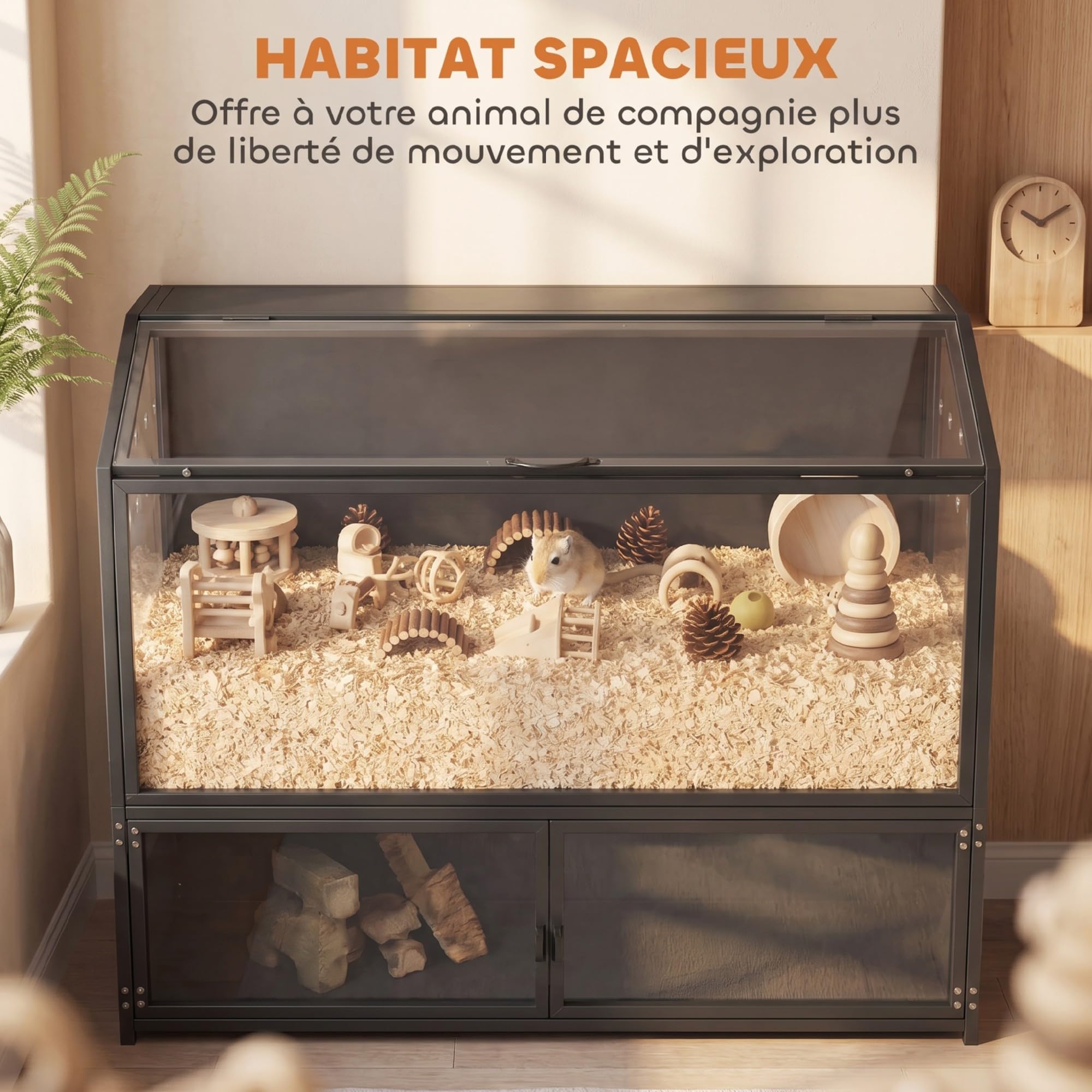 PawHut Cage Hamster 2-en-1 avec Armoire de Rangement Habitat 104cm Noir | pour Rongeur, Acier Résistant aux Morsures, Acrylique Transparent, Grande Cage Design, pour Hamster Syrien et Souris