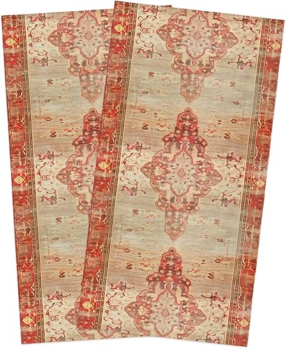 2 Packs Kitchen Towels and Dishcloths Sets, Red Flower Textured Boho Oriental Vintage 18 x28 Inch Cotton Dish Towel, Absorbent Quick Drying Hand