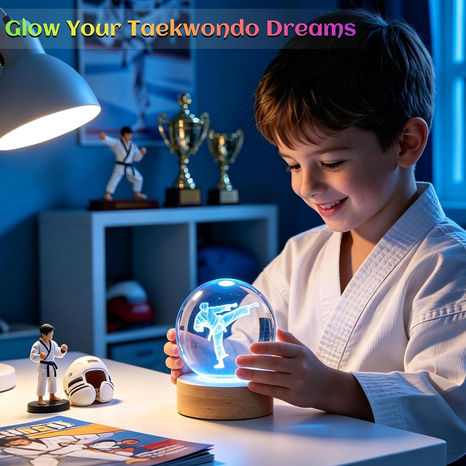 OkiyiD Taekwondo Gifts for Men,Karate Night Light Crystal Ball Lamp 3.15 Inch (80mm) with 16 Colors, Martial Arts MMA Gifts for Boys Kids Training Room Decor image 2