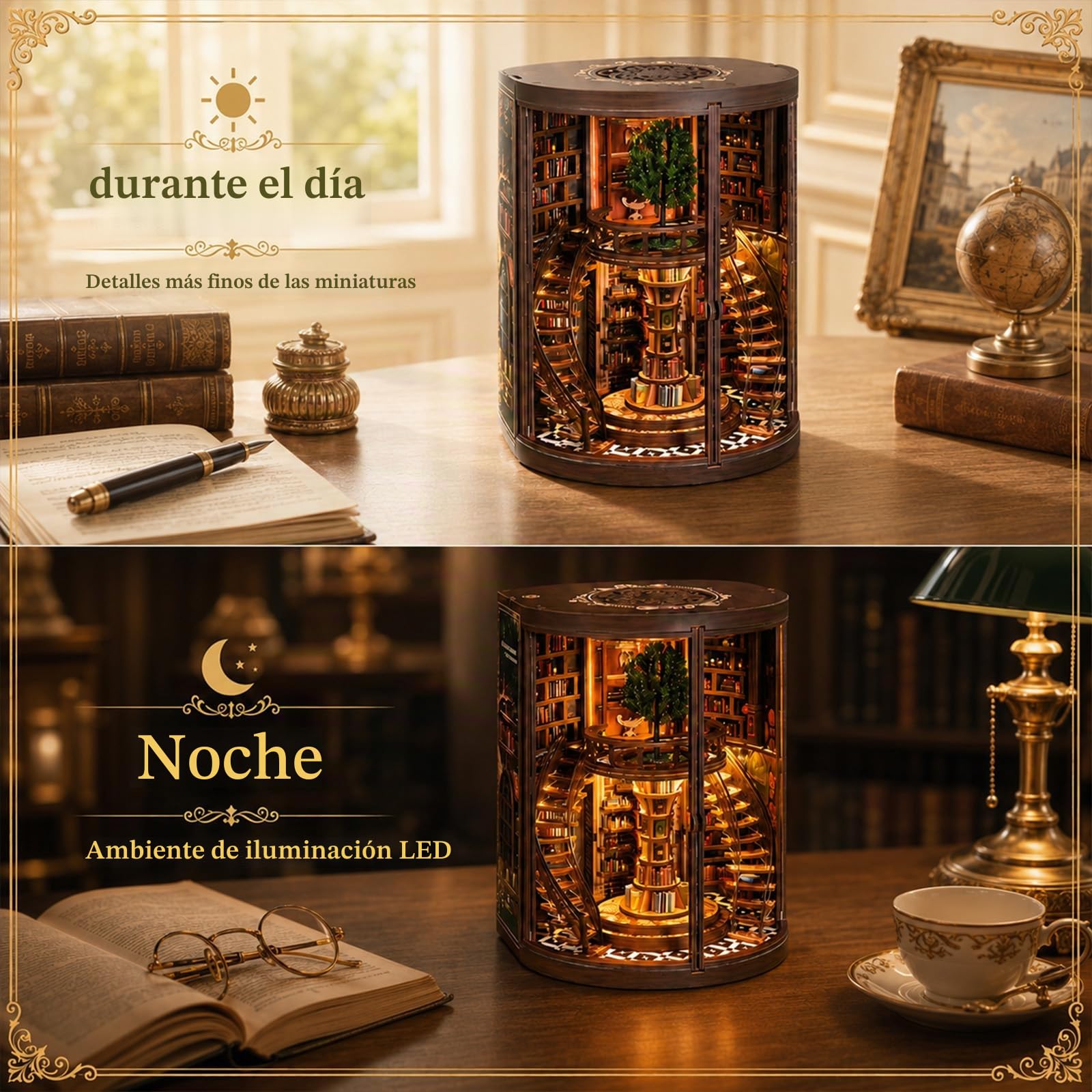 Kit Book Nook con Luz LED, Book Nook Biblioteca Antigua, 356 Piezas Puzzle 3D de Madera para Biblioteca, DIY Miniaturas para Montar, Sujetalibros Decorativo para Adultos, Regalo para Lectores