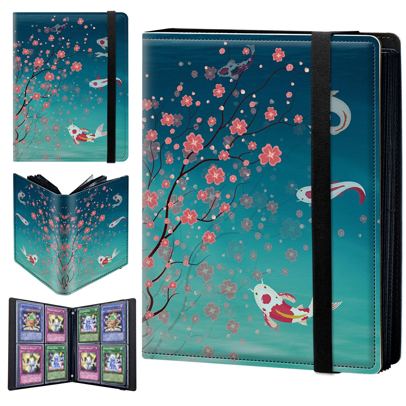 CGFGHHUY 4 Pocket Card Binder with Cherry Blossom and Fish Pattern, Faux Leather, 320 Cards Slot, 7.5 x 8.3 in