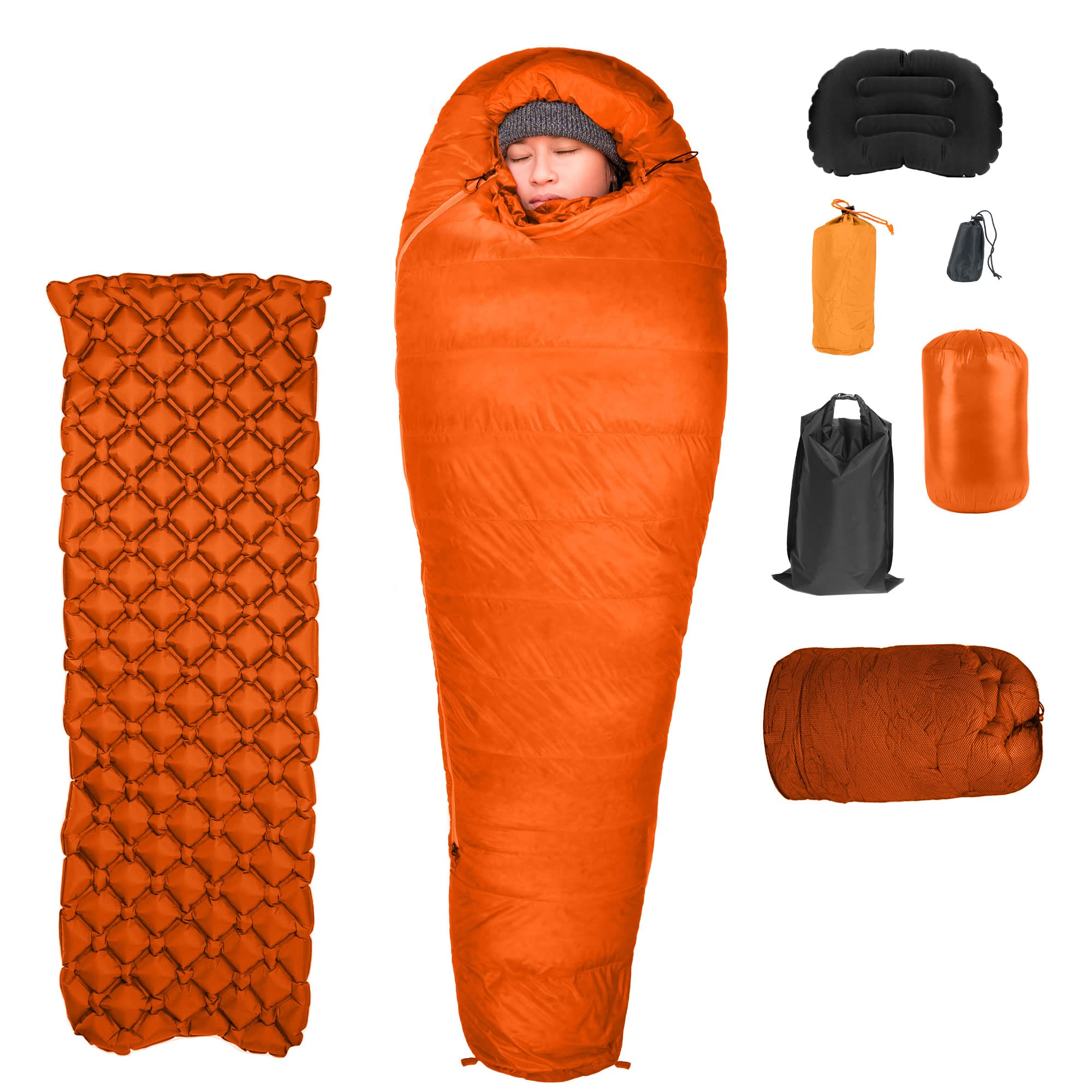 DmcMac Sleeping Bag Pillow System - Sleeping Bag with Pillow Set - Camping Sleeping Bag - Adult Sleeping Bags - Sleeping Bags Adults - Mummy Bag w/Sleep Pad Stuff Sacks Dry Bag - Orange