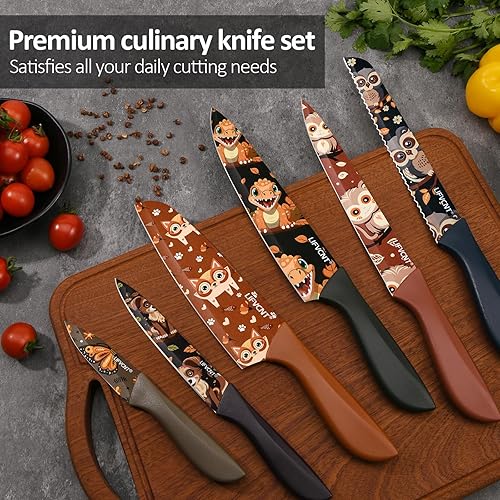 Miniatura 6 de JunJing LIFVCNT Juego de cuchillos de cocina con revestimiento de color, juego de cuchillos de acero inoxidable antioxidante multicolor para mujer