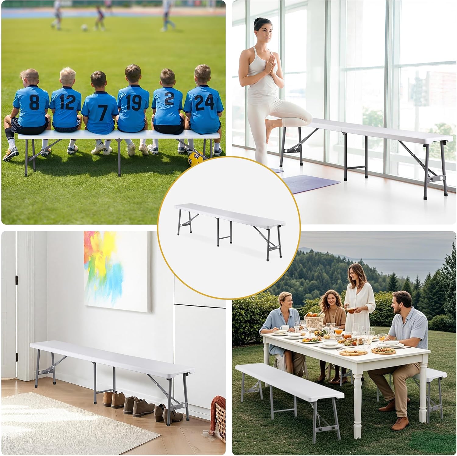 ZenStyle 6 ft Portable Folding Bench, Indoor Outdoor Plastic Bench with Handle for Party Picnic Camping Dining Event Multipurpose Entertaining Activities. White (1)
