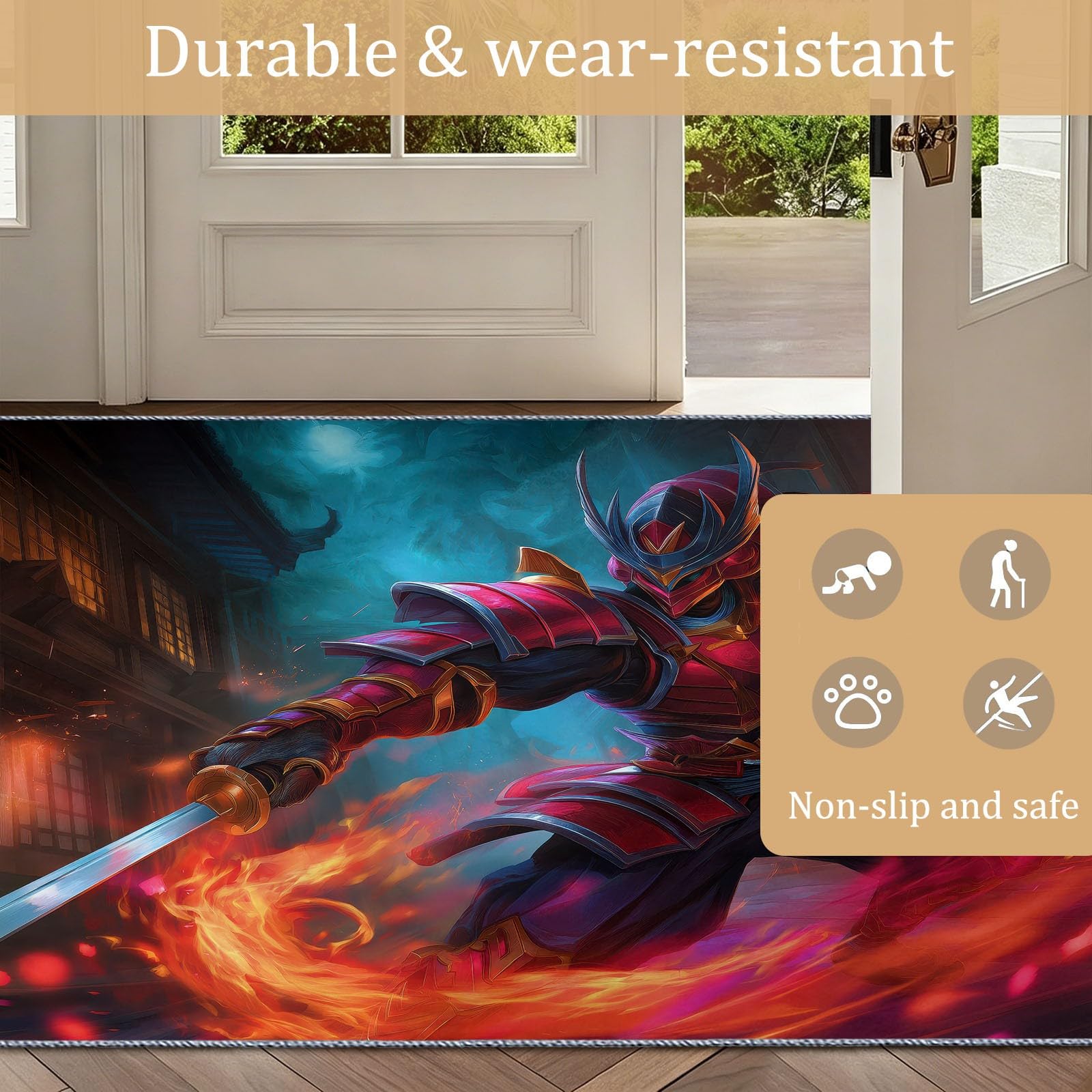 Tapis Salon Japonais Gaming 140 x 200 cm Samouraï Flamme Katana Lavable en Machine Rug | AntidéRapant Poil Ras, pour Salle de Bains, Chambre, Salle à Manger et Cuisine, Multicolore