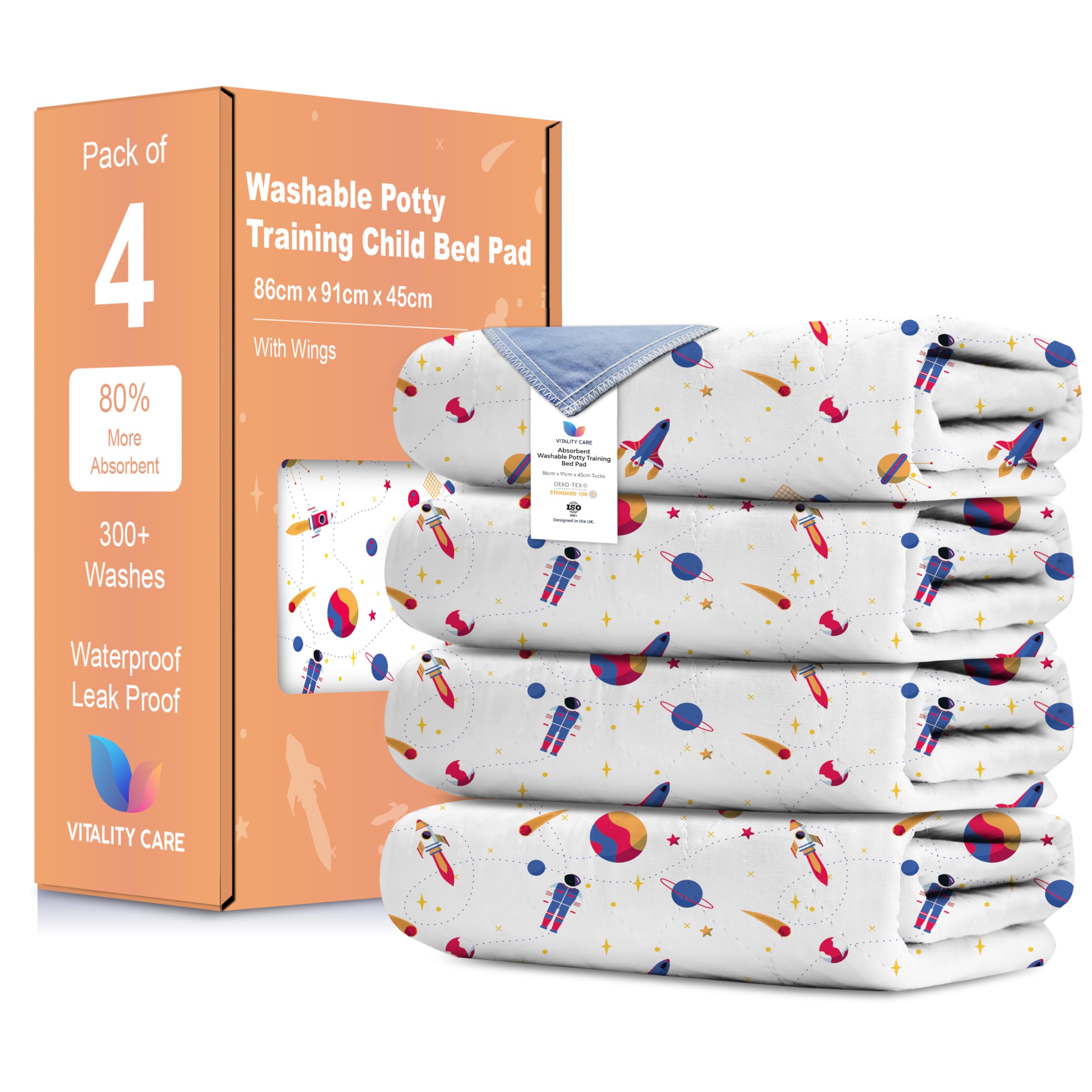 Vitality Care Space Potty Training Bed Pads, 100% Waterproof Mattress Protector With Tuck-In Flaps, 86 X 91 Cm, Non-Slip Bed Wetting Sheet, Design, Single