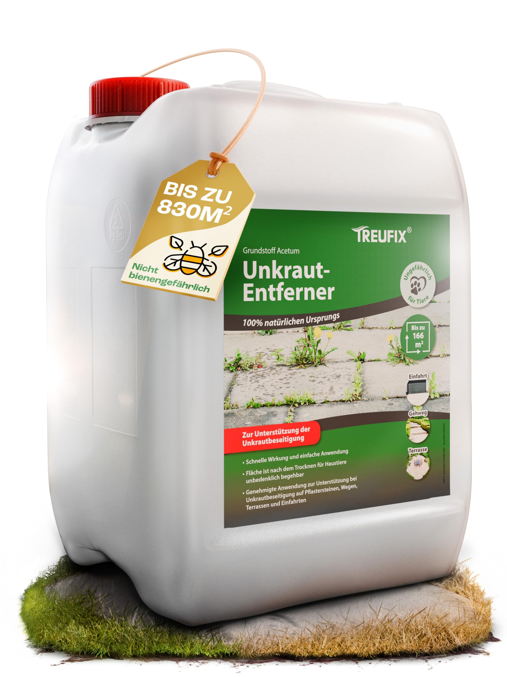 Treufix Konzentrat zur Unkrautentfernung Grundstoff Acetum (Essigsäure) 5L | Ohne Glypohosat zur Unterstützung bei Unkrautbeseitigung auf Pflastersteine, Gartenwege, Terrasse & Einfahrt - Made in DE