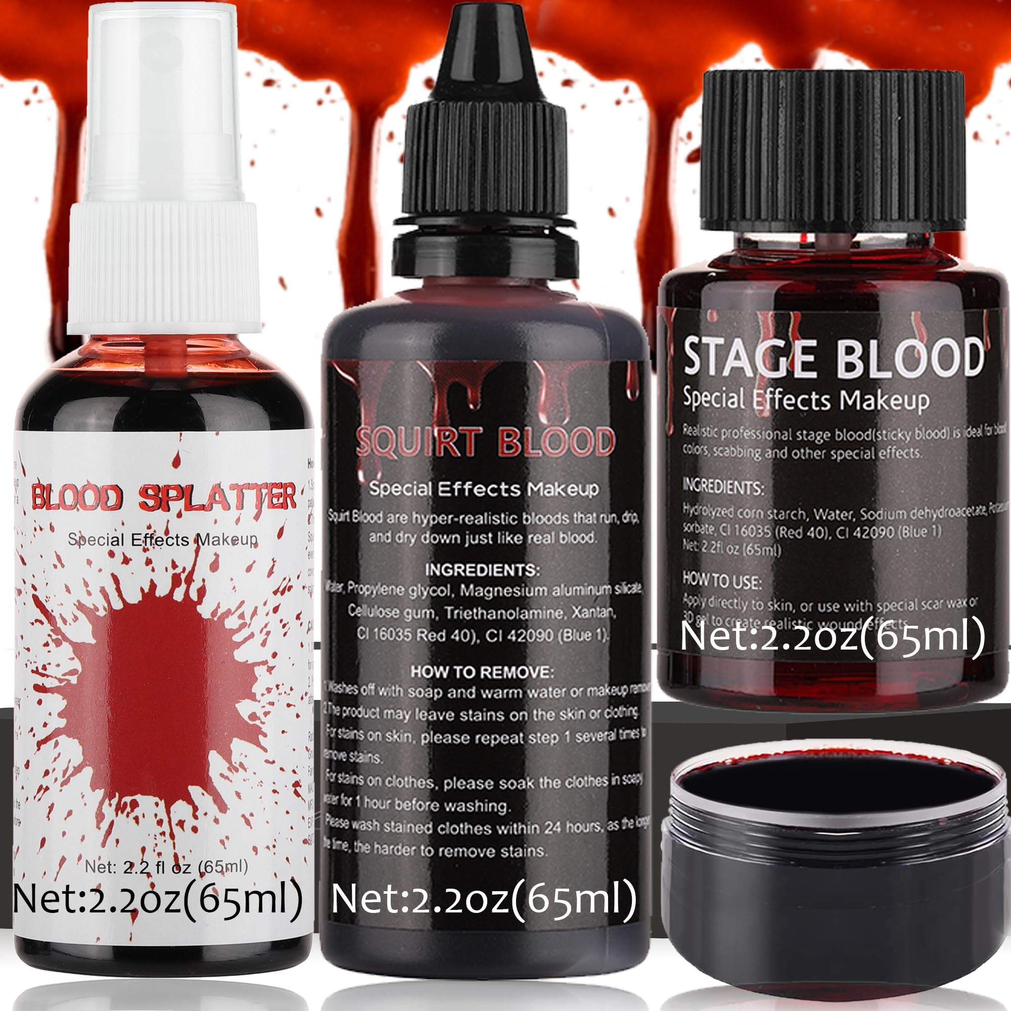 CCbeauty 7.6oz Halloween Fake Blood Makeup Kit - Blood Spray+Squirt Blood+Stage Blood, Realistic Washable for Special Effects SFX Makeup Set for Zombie Vampire Monster Cosplay Mouth Clothes Dress Up