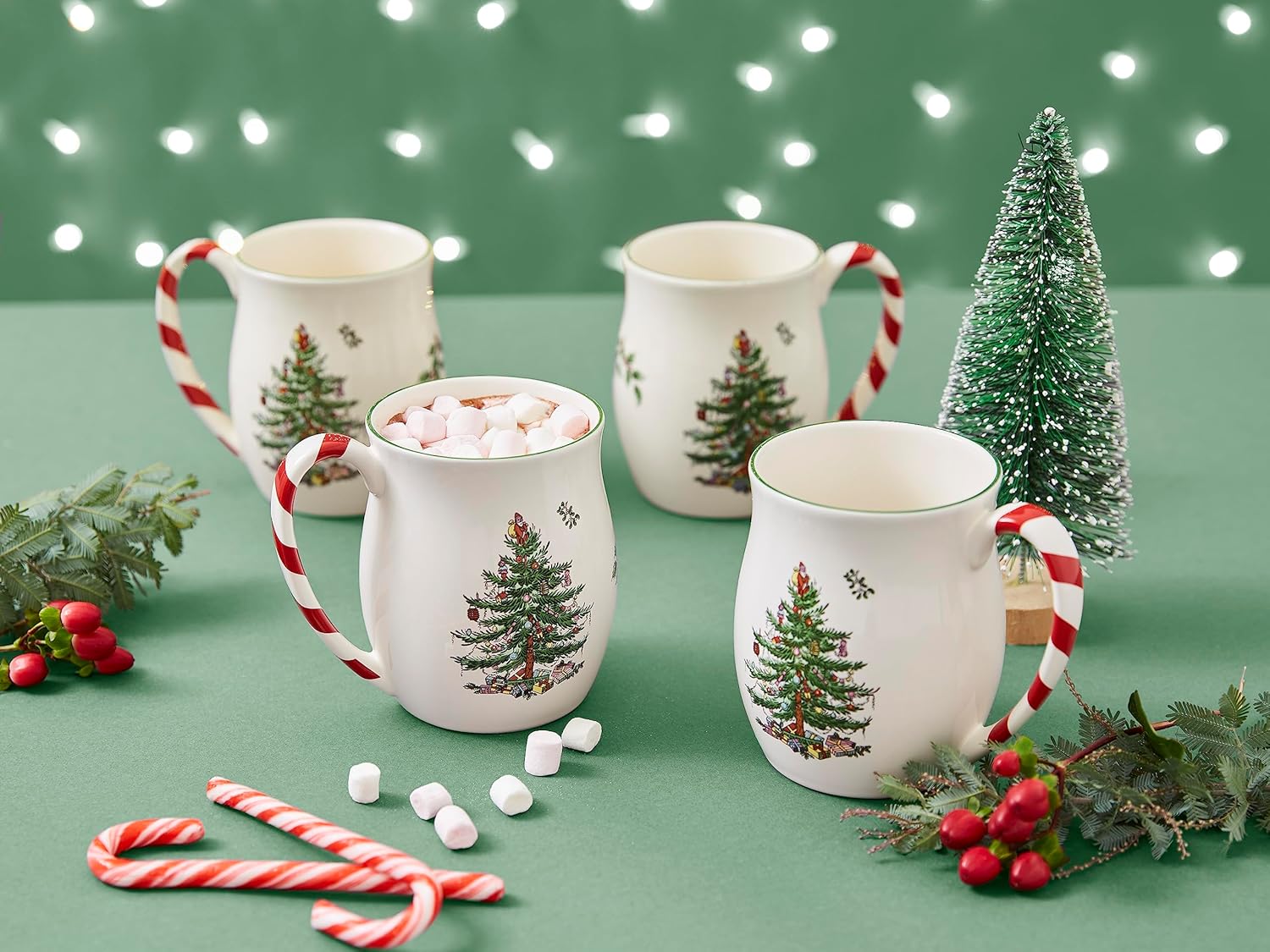 Spode Christmas Tree 14 oz Holiday Mugs (Set of 4) - Festive Coffee Cups with Peppermint Candy Cane Handle, Stoneware Christmas Drinkware Ideal for Hot Cocoa, Holiday Tea & Winter Beverages