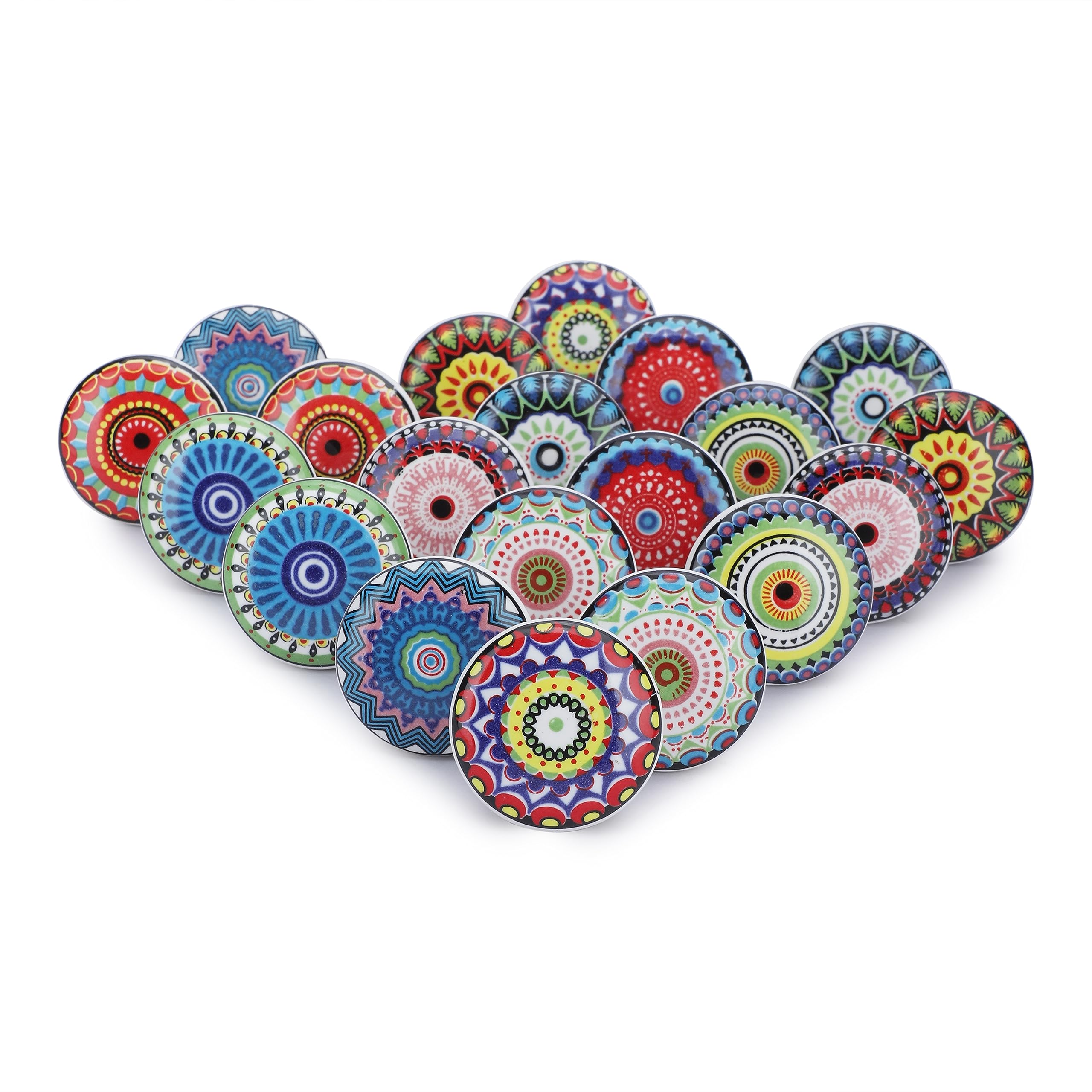 Ajuny Set of 20 Ceramic Knobs Multicolor Flower Printed Cabinet Door Pulls for Cupboard Kitchen Bathroom Furniture Drawer Dresser Glossy Finishing Pottery Decorative Knobs Hardware Included