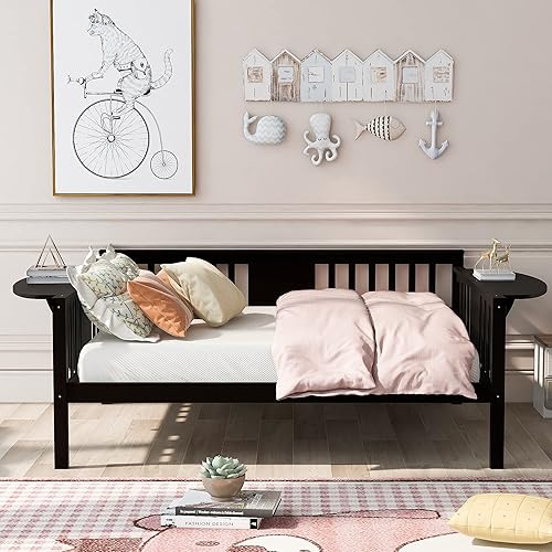 Miniatura 3 de JIVOIT Sofá cama de tamaño matrimonial con estantes plegables en ambos lados marco de madera con soporte de listones de madera y pasamanos cama SOFE