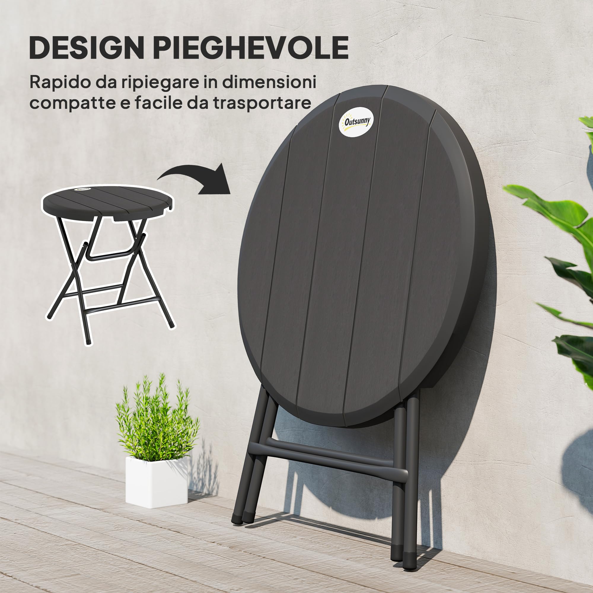Outsunny Tavolo da Giardino Rotondo Pieghevole Ø80x73 cm Grigio Scuro | Tavolino da Pranzo, per 4 Persone, per Terrazzo e Balcone, in Acciaio e Plastica HDPE