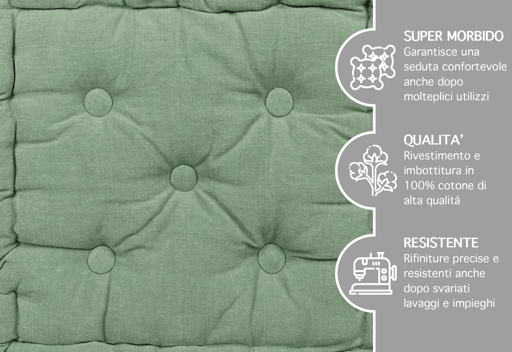 IlGruppone 6 Pezzi Cuscini Sedia Quadrati Alti Mattonella Trapuntati Cuscino da Pavimento con Maniglia 40x40 Cm Altezza 6 Cm Cuscino Spesso Cucina Interno Esterno Coprisedia - Salvia