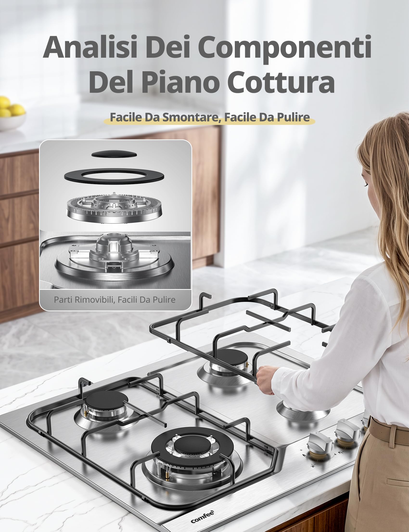 COMFEE CGH610X Piano Cottura a Gas da Incasso 4 Fuochi, 60 cm Acciaio Inox, Griglie in Ghisa, Termosicurezza Gas, Superficie Facile da Pulire