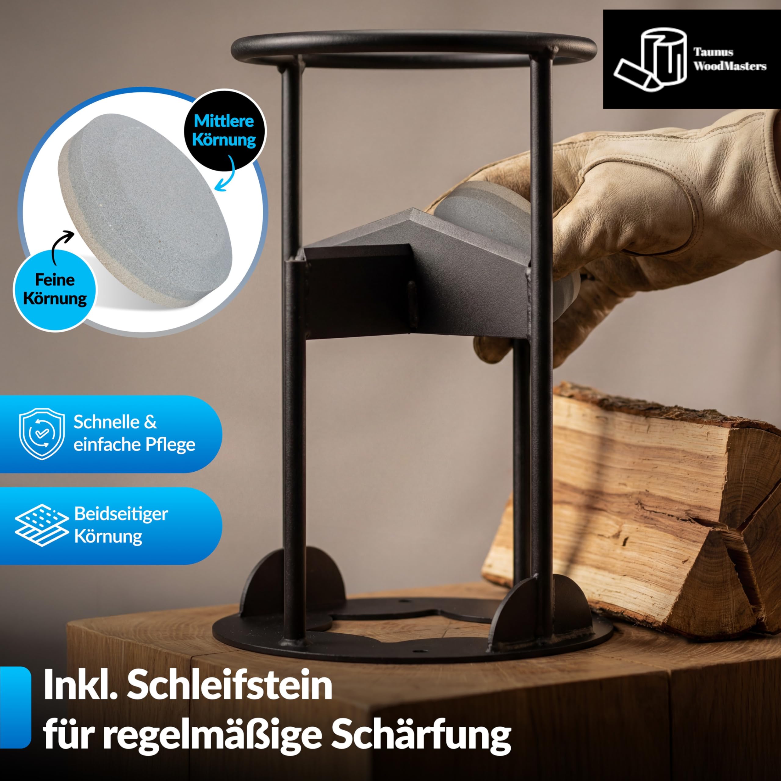 Manuelles Holzspalter Set – Handholzspalter mit Bodenanker, Transportnetz und Schleifstein – Sicher Holz spalten ohne Strom – Taunus Woodmasters