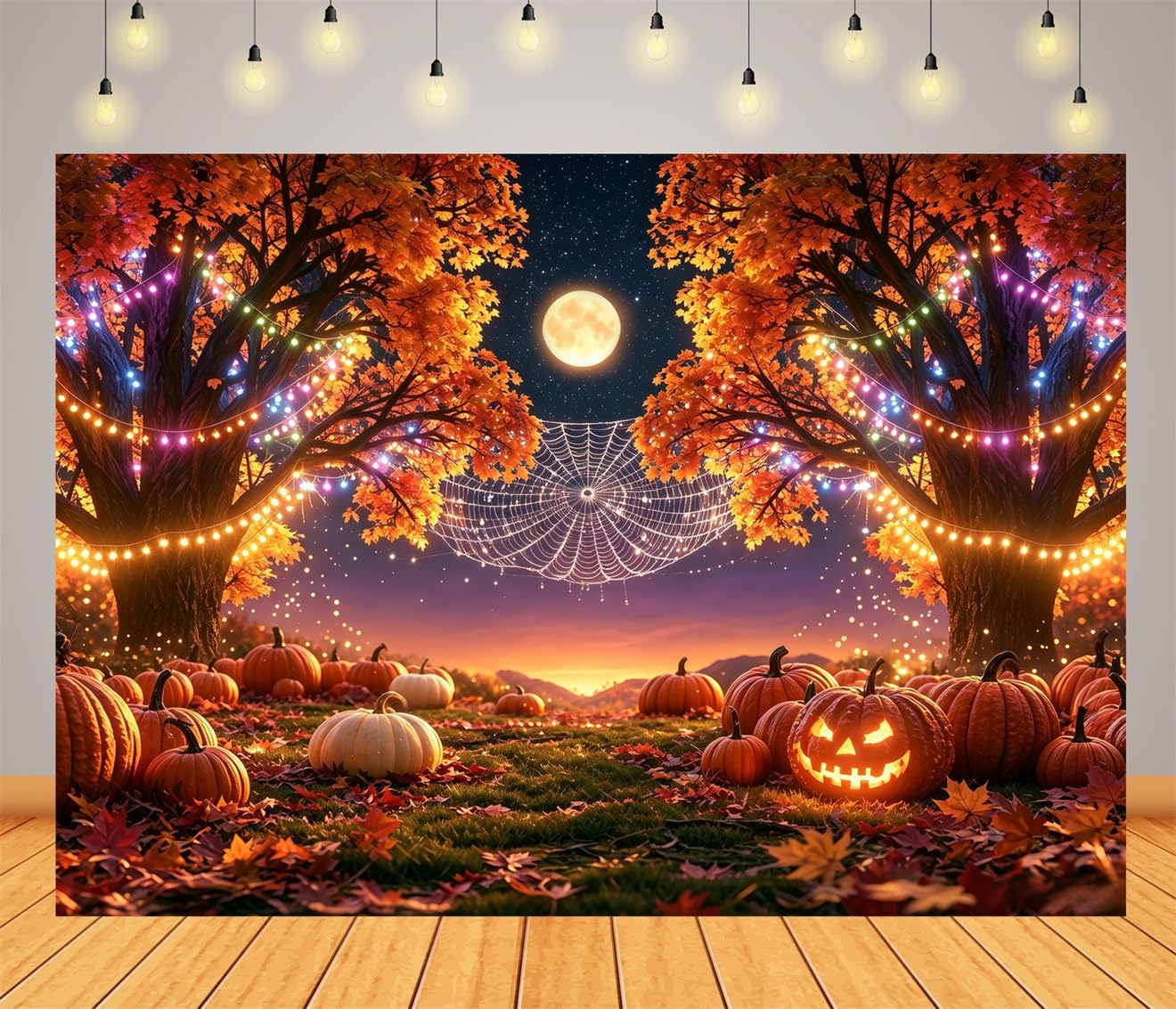 17x10FT (5.2x3m) Giardino Di Zucche Al Chiar Di Luna Sfondo Fotografico | Frutteto Halloween Colorato Fondale In Tessuto,Ragnatela Tra Alberi,Per Feste Halloween E Foto In Costume,Photo Booth