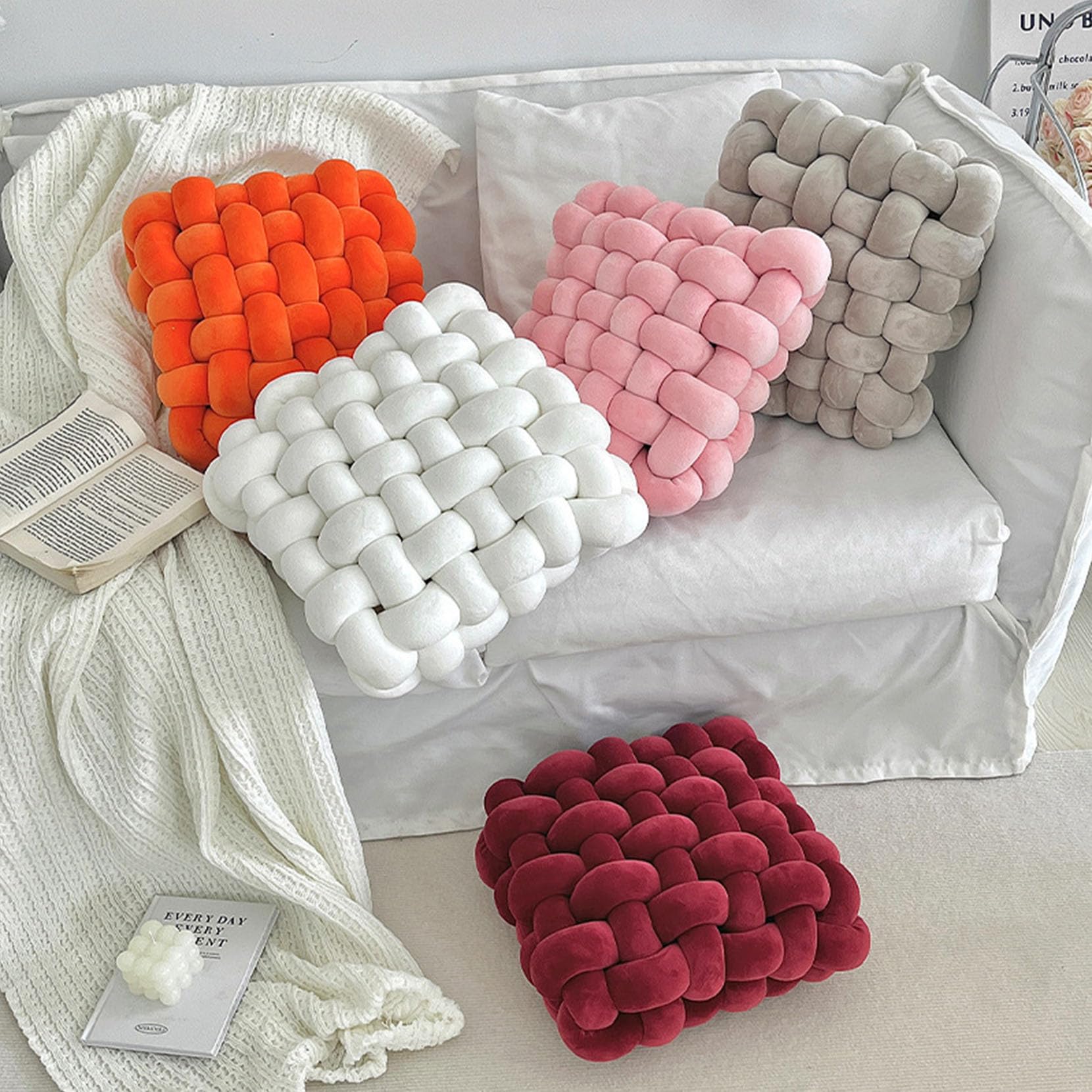 Plüsch-Knotenkissen, handgefertigt, geknotet, sensorisches Kissen, weiches Bouclé, quadratisches Plüsch-Rückenlehne, Bodenkissen für Zuhause, Sofa, Schlafzimmer, Büro, Dekor (Grau B, M (33 x