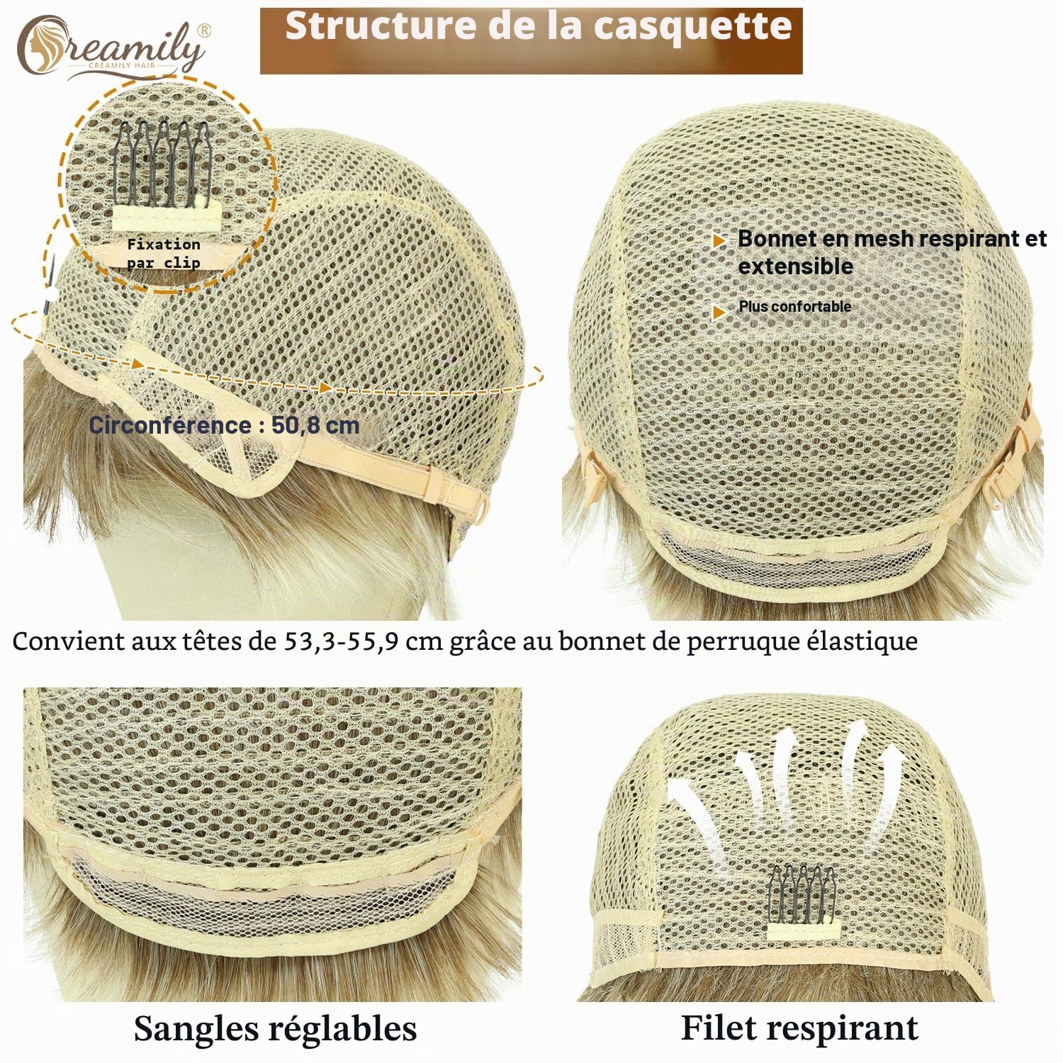 Creamily Perruques blondes courtes pour femme, coupe Pixie avec frange, cheveux synthétiques naturels lisses, perruque courte pour femme, perruque quotidienne, cosplay, fête, blond mélangé marron