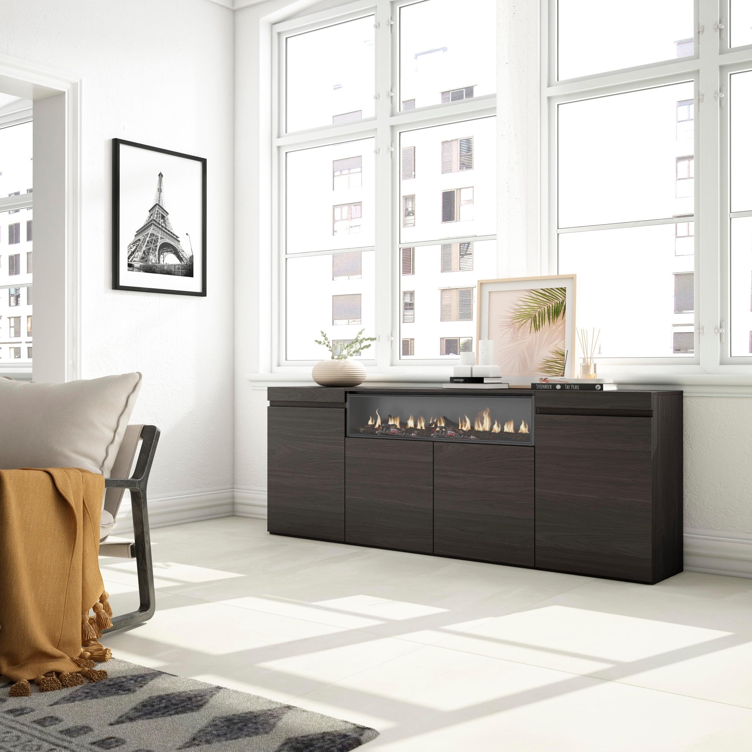 Skraut Home | Sideboard, Highboard | Kommode, Komodenschrank | 200x75x35cm | 4 Türen | Elektrokamin. Maße | Moderner Stil | Schwarz