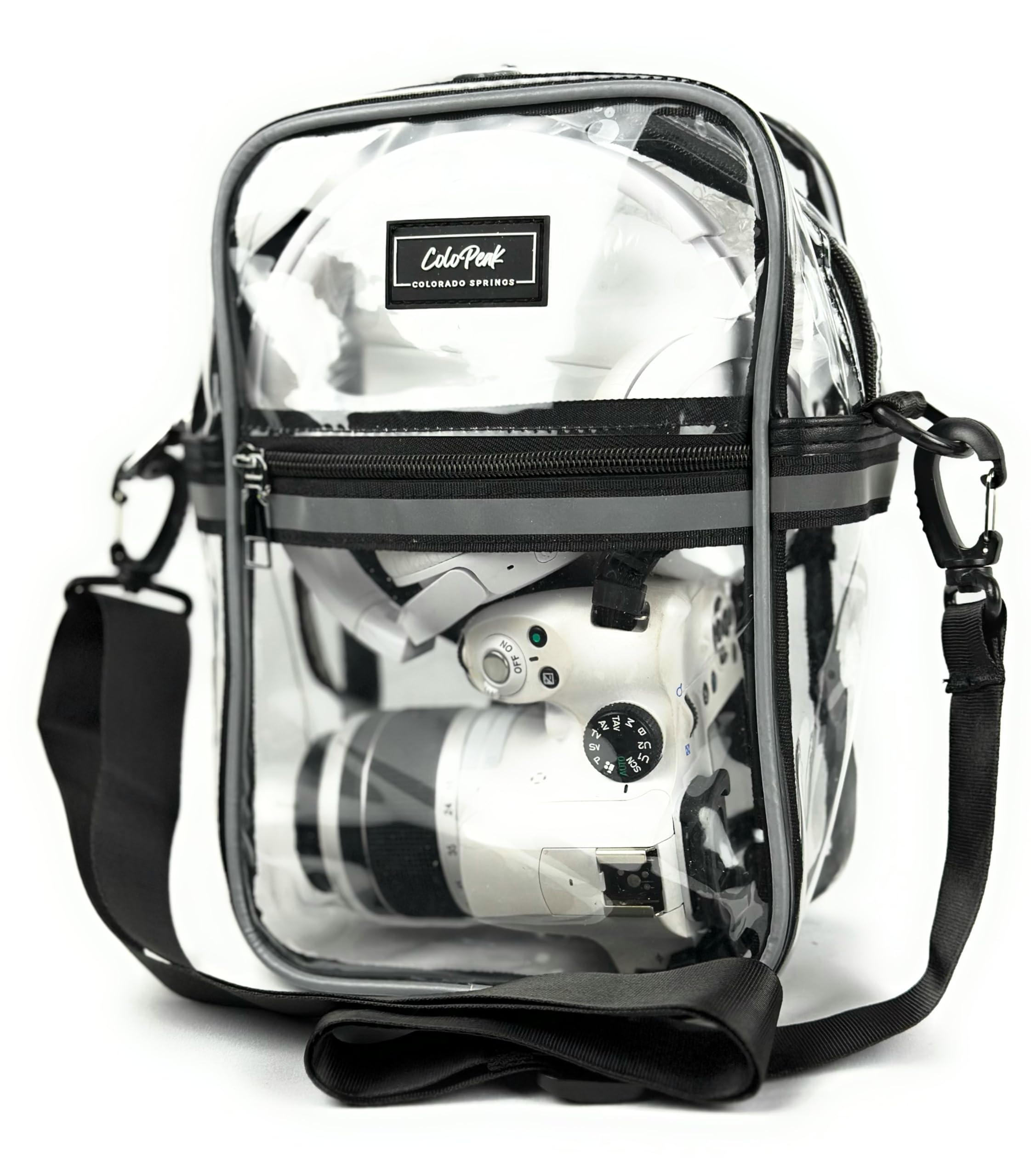 ColoPeak Amazonian 1.0 Clear Bag for Women and Men with Pocket, Plastic Crossbody Bag, Stadium Approved Transparent bag for Concert, 0.4mm PVC, Reflective (Black)