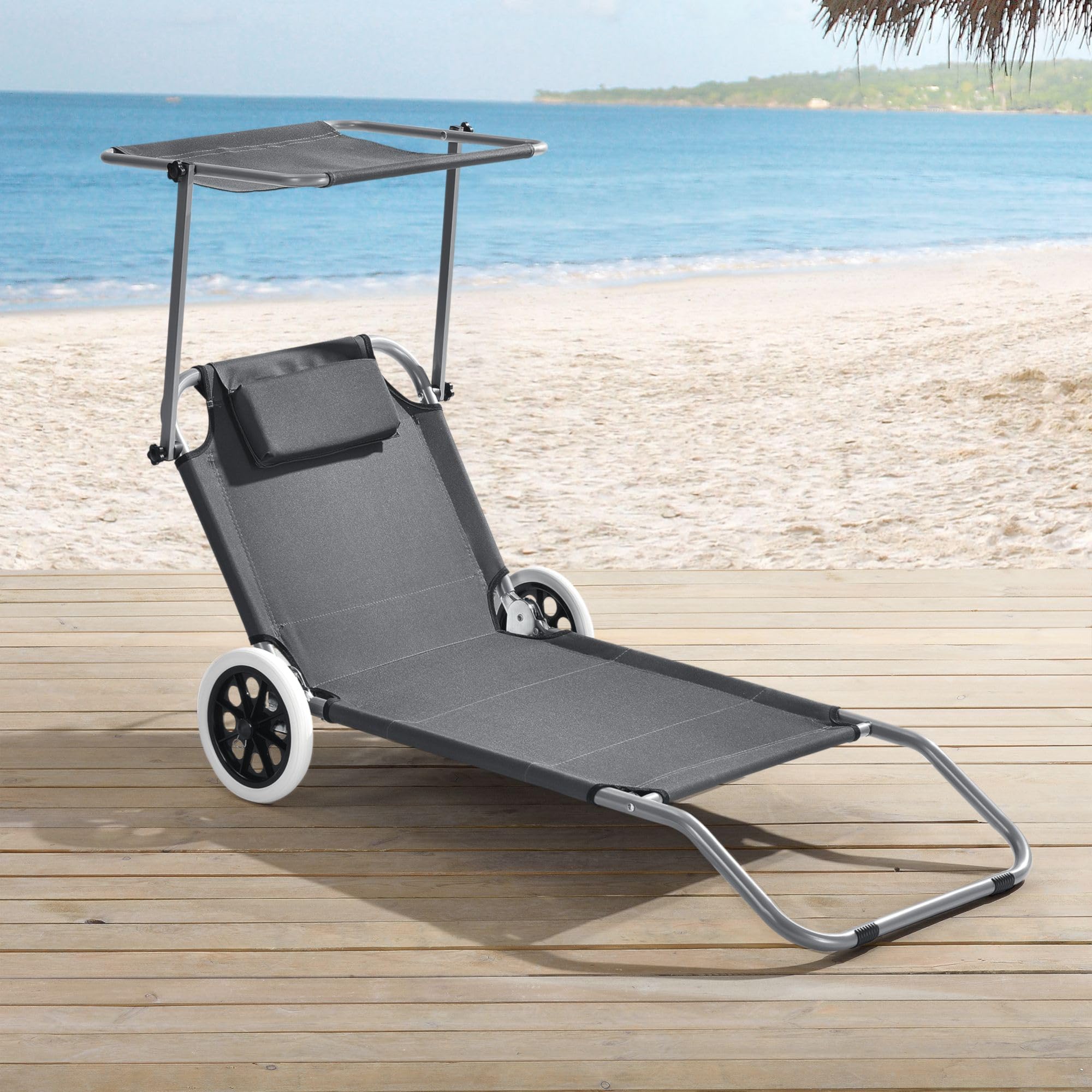 Sdraio spiaggina da mare e spiaggia con ruote, schienale regolabile 5 Posizioni, con cuscino poggiatesta e tettuccio parasole, sedia xarrello trolley per trasportare