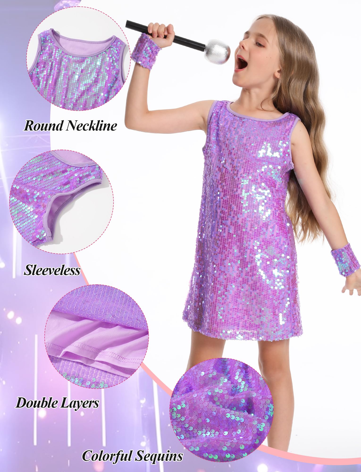 FEOYA Girls 70S Disco Prom Sleeveless Dress with Bracelets and Microphone Prop Cheerleader Sparkly Dress 1920S Stage Performance Party Outfit Holiday Cocktail Sequin Dresses Purple 12-13 Years - Image 4