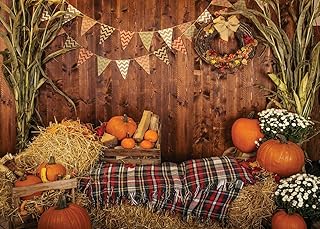 AIIKES 8x6FT Fall Thanksgiving Photo Backdrop Rustic Wood Board Barn Harvest Photography Background Autumn Pumpkin Leaves Flower Baby Birthday Portrait Party Decoration Photo Studio Booth Props 11-741