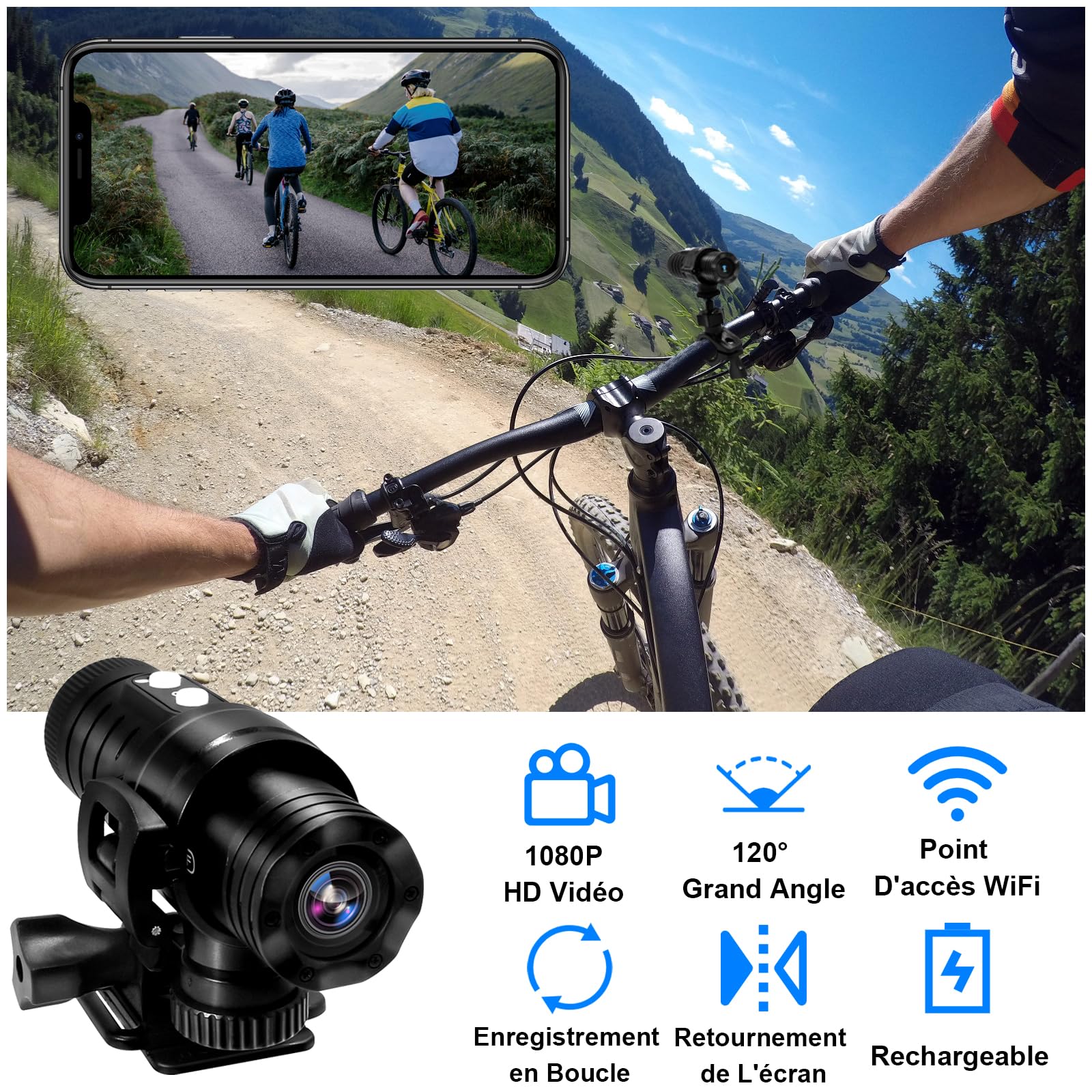 TANGMI Camera Moto 1080P HD 120° Grand Angle 7H