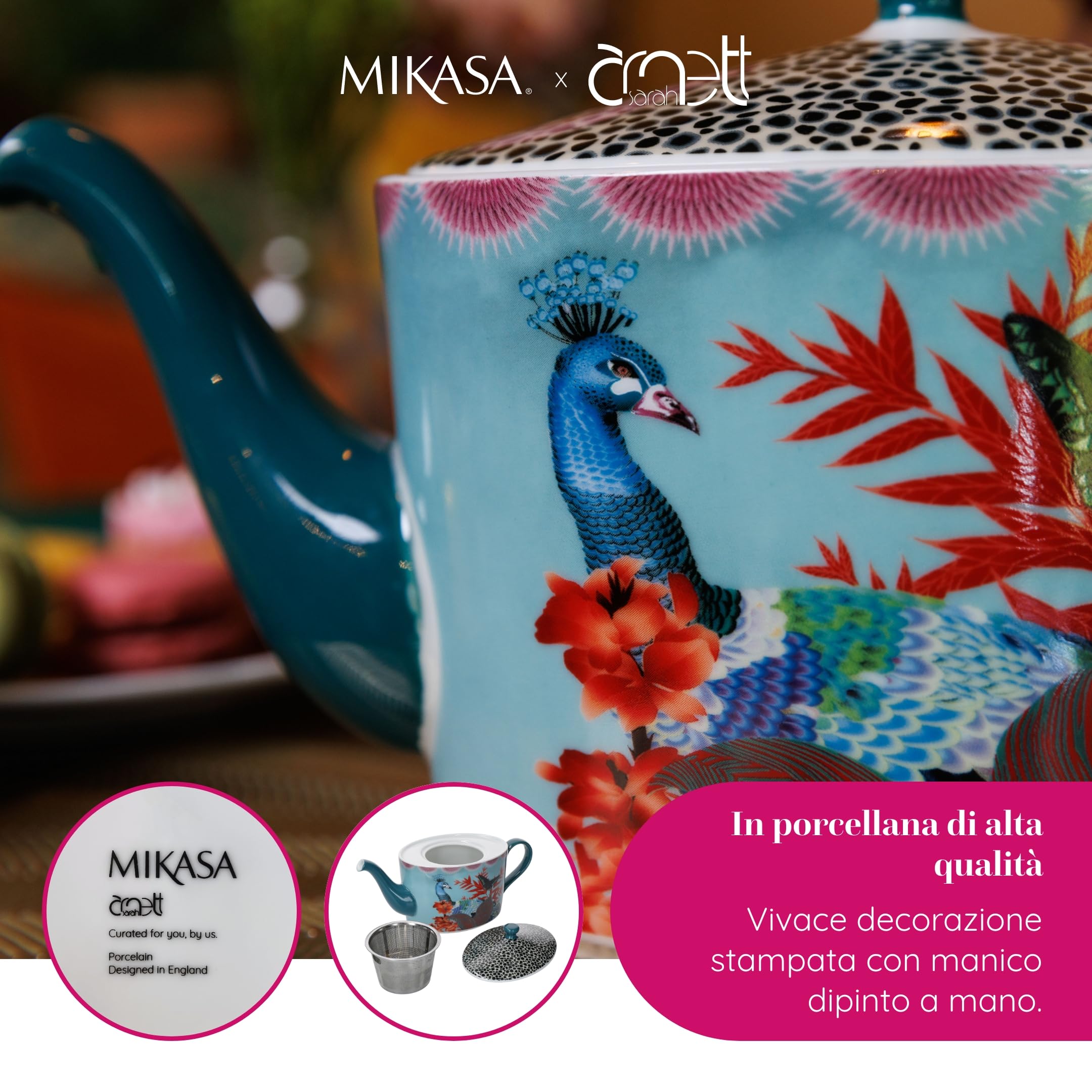 Mikasa x Sarah Arnett Teapot, Teiera in porcellana con coperchio, stampa tropicale per intrattenimenti, 1.1L - Confezione regalo e lavabile in lavastoviglie