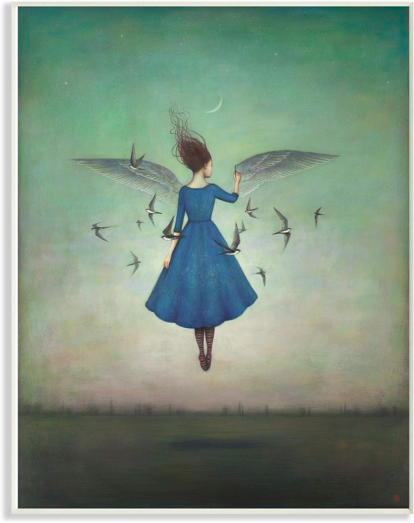 The Stupell Home Decor Beauty and Birds at Night Blue and Teal Illustration Wall Plaque Art, Multi-Color