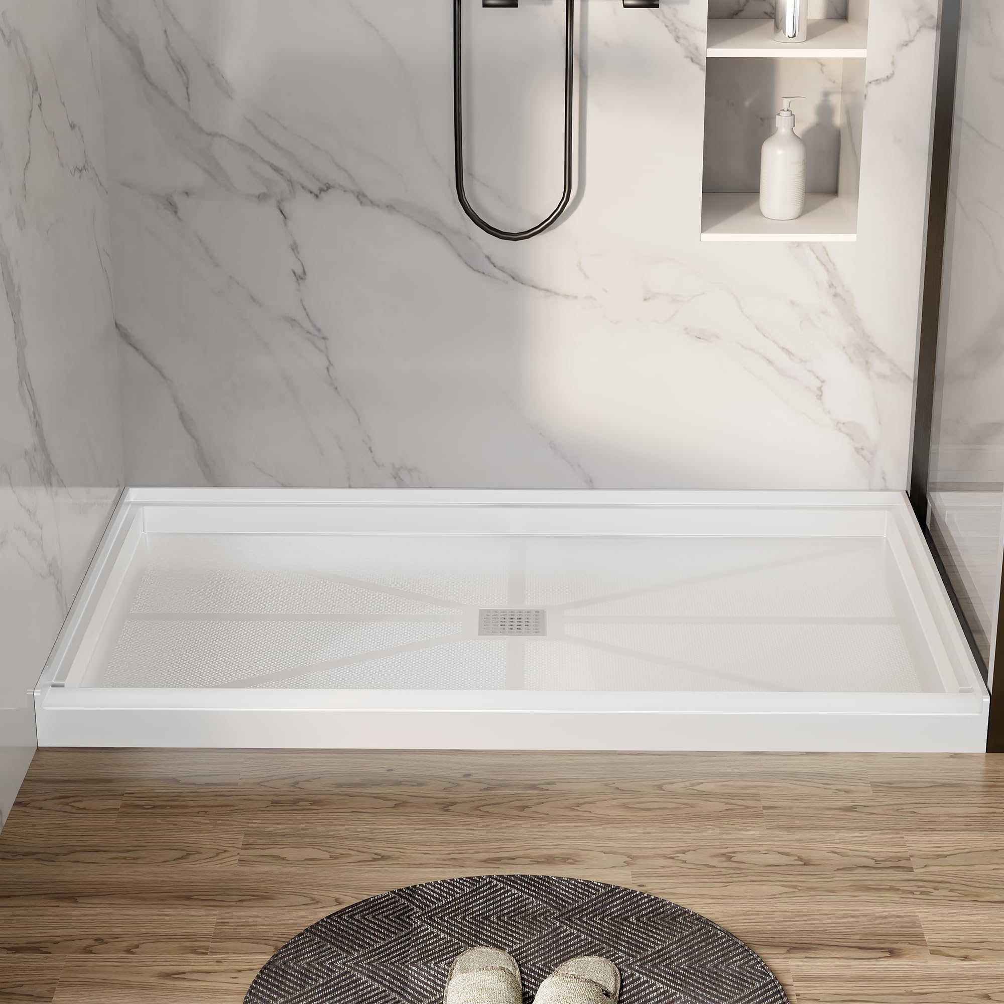 60'' L X 32'' W X 4'' H Shower Base For Bathroom, Rectangle SMC Shower Pan In White, Single Threshold Shower Base, Stainless Steel Shower Drain Cover Included