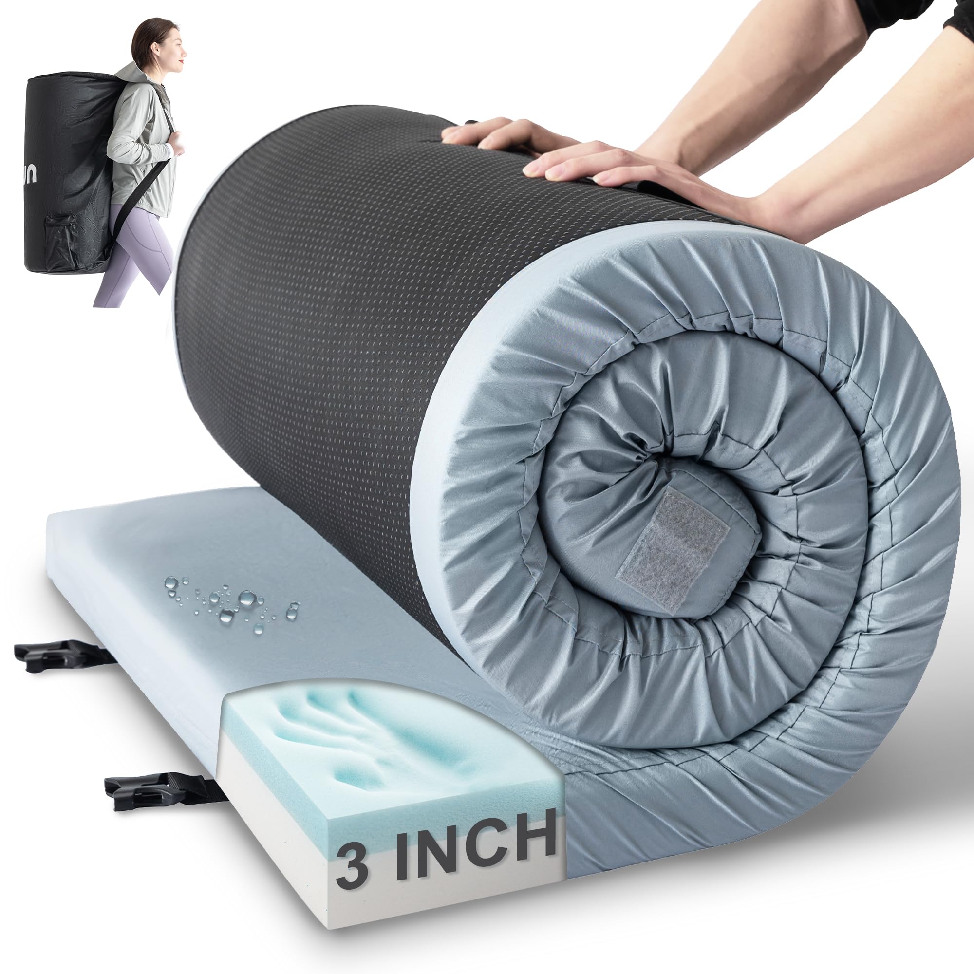 Kingfun Memory Foam Camping Sleeping Pad, CertiPUR-US Camping Mattress Waterproof Roll Up Mattress Guest Bed, Thick Floor Sleeping Mat for Car Truck Tent for Adults with Travel Bag