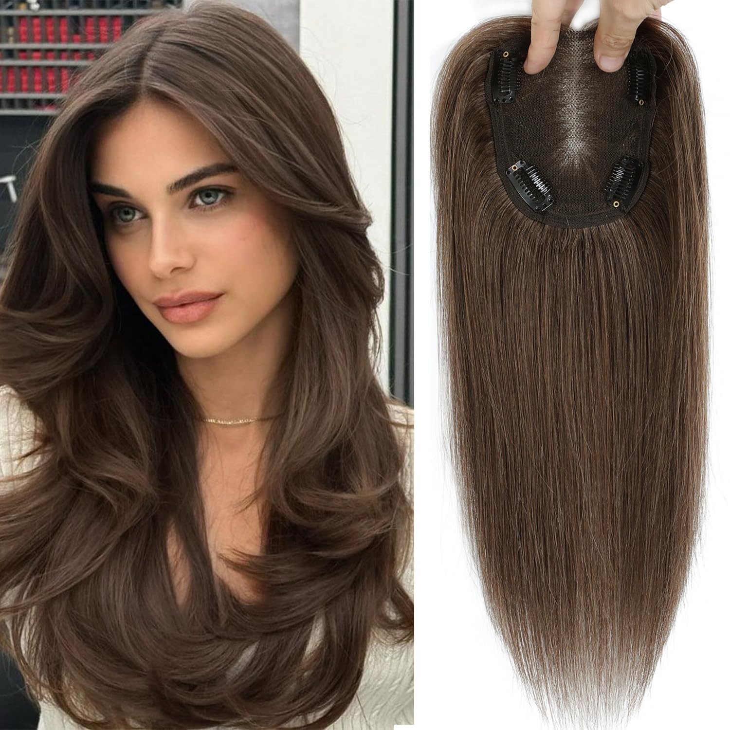 Hair Toppers for Women Real Human Hair Upgrade Swiss Lace Base Hand-Tied Invisible 12 Inch Toppers Hair Pieces for Women-Medium Auburn Brown