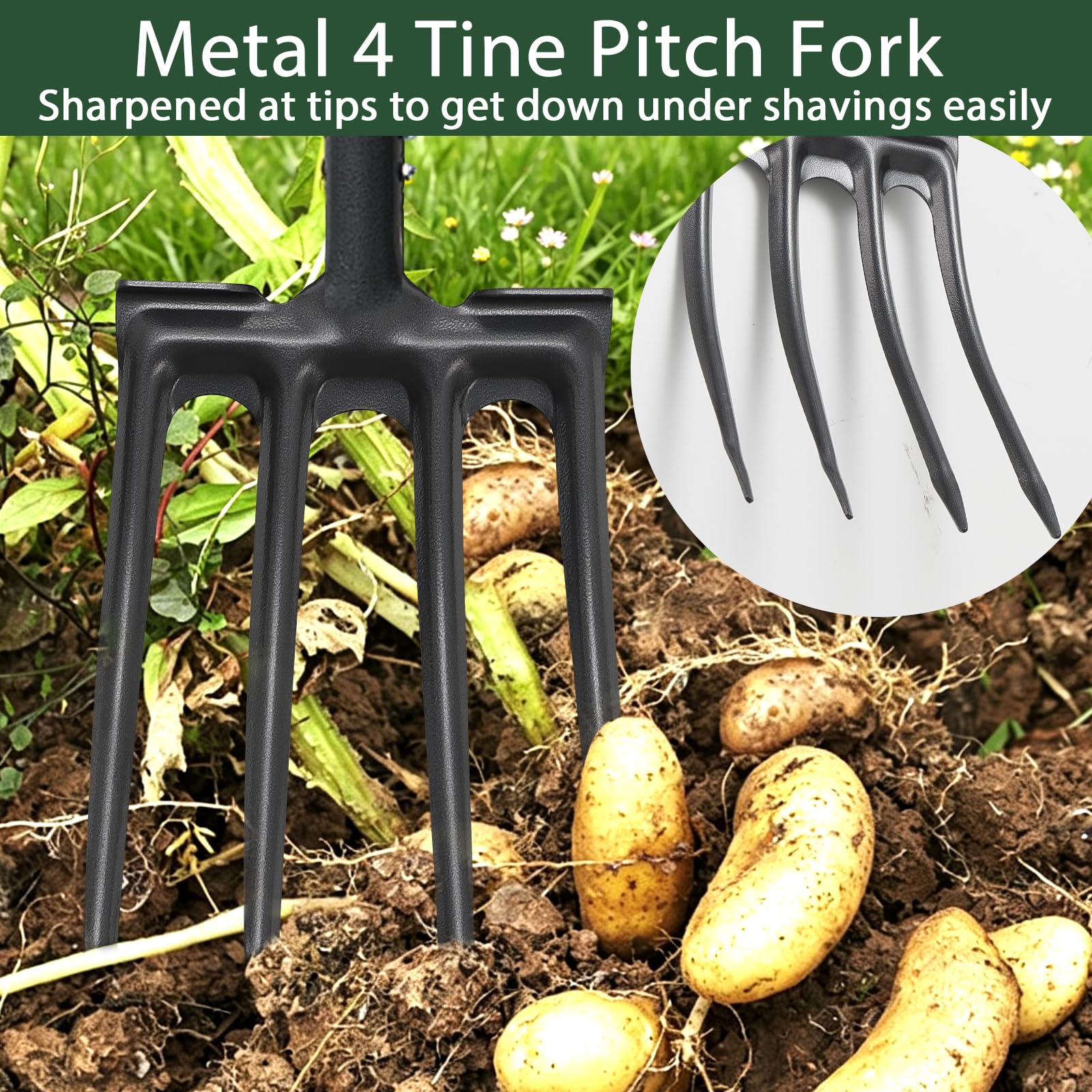 Tenedor de paso, herramienta de jardín de metal con mango largo, mantillo de 4 dientes, heno, estiércol, excavación, heno, patata, tenedor de jardín, pala para jardinería, aflojamiento de