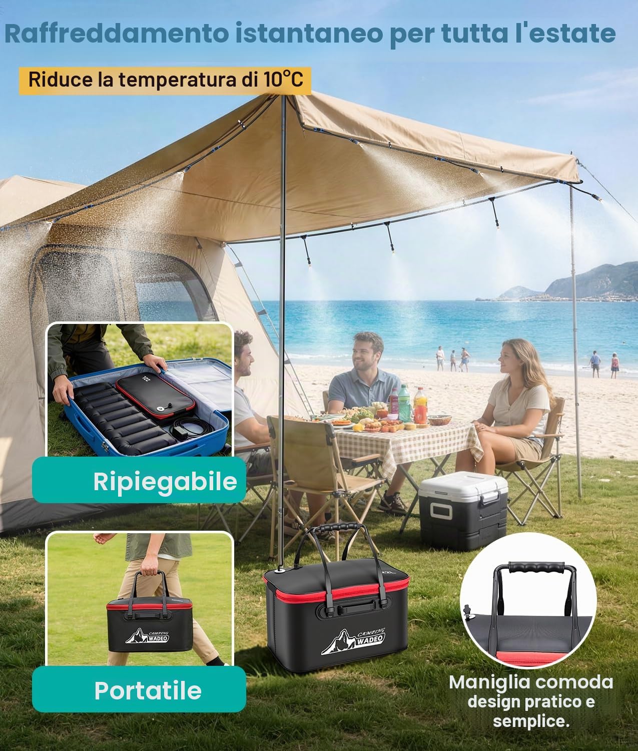 WADEO Sistema di Raffrescamento a Nebulizzazione Portatile, Sistema Nebulizzatore da Esterno con Pompa Ricaricabile 6000mAh, Tubo da 8M e 8 Ugelli in Ottone, per Campeggio, Giardino, Patio e Sport