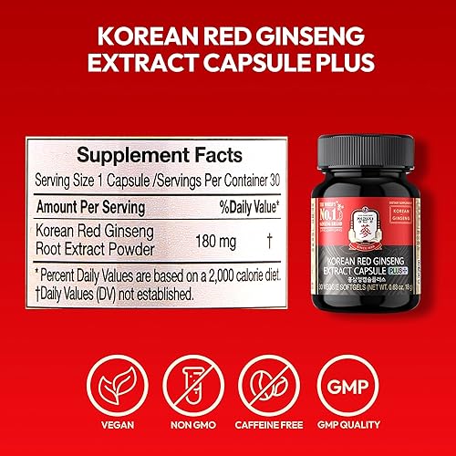 Miniatura 8 de Korean Red Ginseng Extract Capsule Plus - All-in-One Vegan Supplements - Energy Boost & Immune Support, Caffeine Free & Non-GMO (600mg, 30 Capsules)