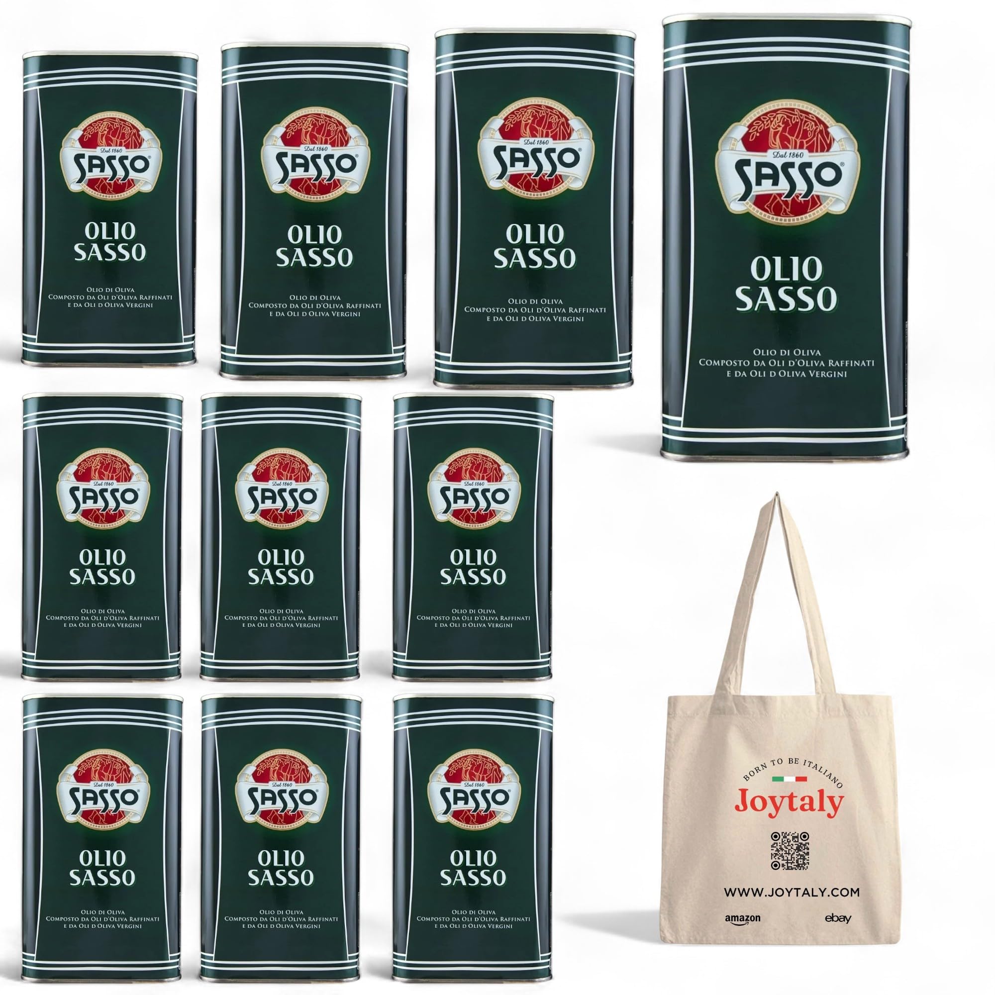 Sasso Olio di Oliva, Set 10 Lattine da 1L, Prodotto Italiano, con Borsa Shopper JOYTALY