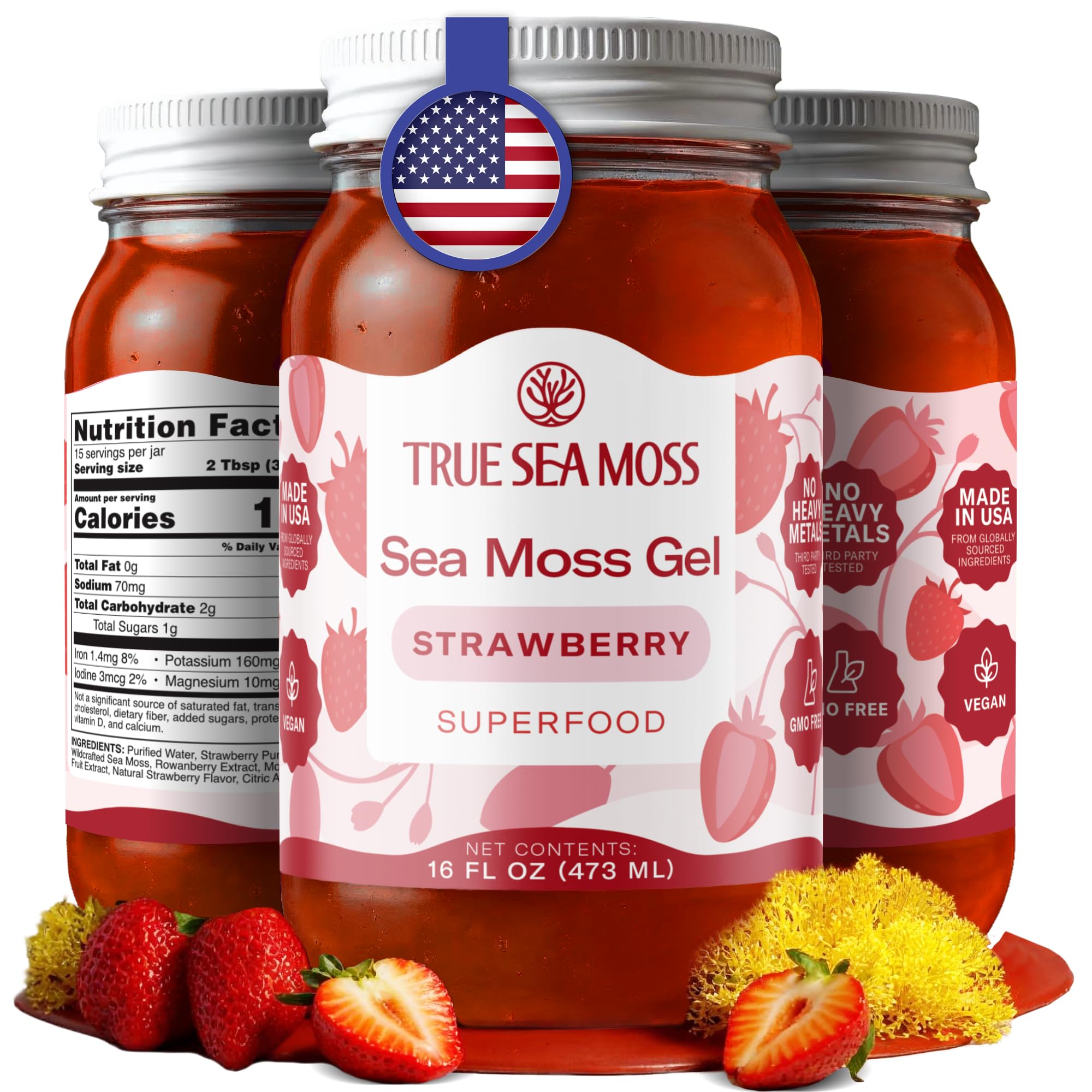 TrueSeaMoss Wildcrafted Irish Sea Moss SuperFood - Made with Premium Sea Vegetables - Vegan-Friendly, Supports Digestive Health - Made in USA (Strawberry, Pack of 1)