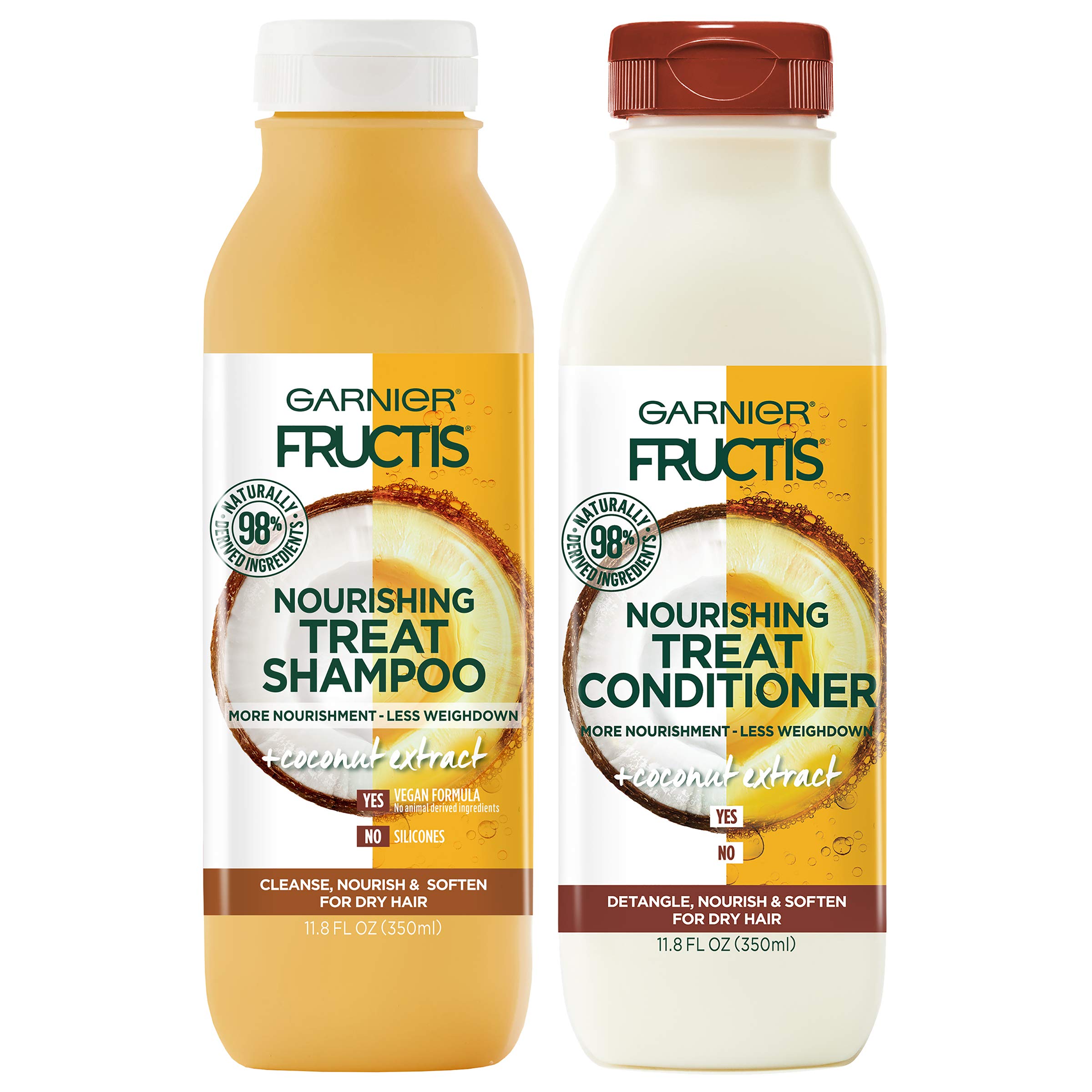 Garnier Fructis Nourishing Treat Shampoo and Conditioner, 98 Percent Naturally Derived Ingredients, Coconut, Nourish and Soften for Dry Hair, 11.8 oz ea