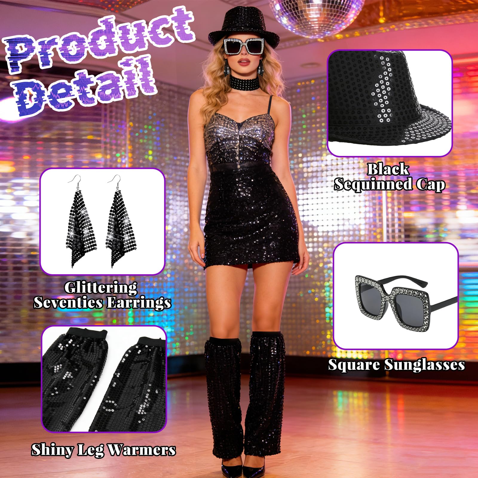 Carreuty 5Pcs 70s Disco Accessories Set for Women,Abba Accessories with Sequin Leg Warmers Earrings Hat necklace and Bling Sunglasses,70s Fancy Dress Abba Outfits for Women 1970s Themed Disco Party - Image 3
