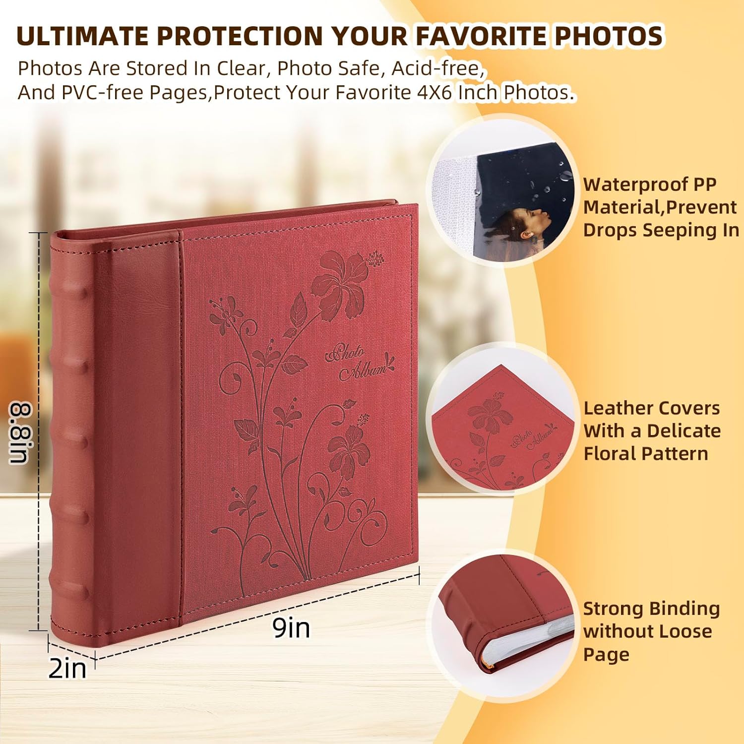 Golden State Art Photo Album holds 4x6 200 Horizontal Pictures with Memo Space, Leather Vintage Cover for Wedding Family Christmas(Red) - Image 5