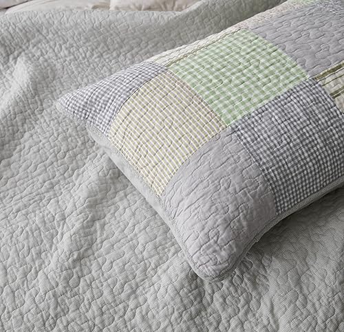 Vista 41 de Chezmoi Collection Samuel Juego de colcha con relleno de cuadros gris pardo, blanco y azul marino, 3 piezas, retales, algodón prelavado, ligero